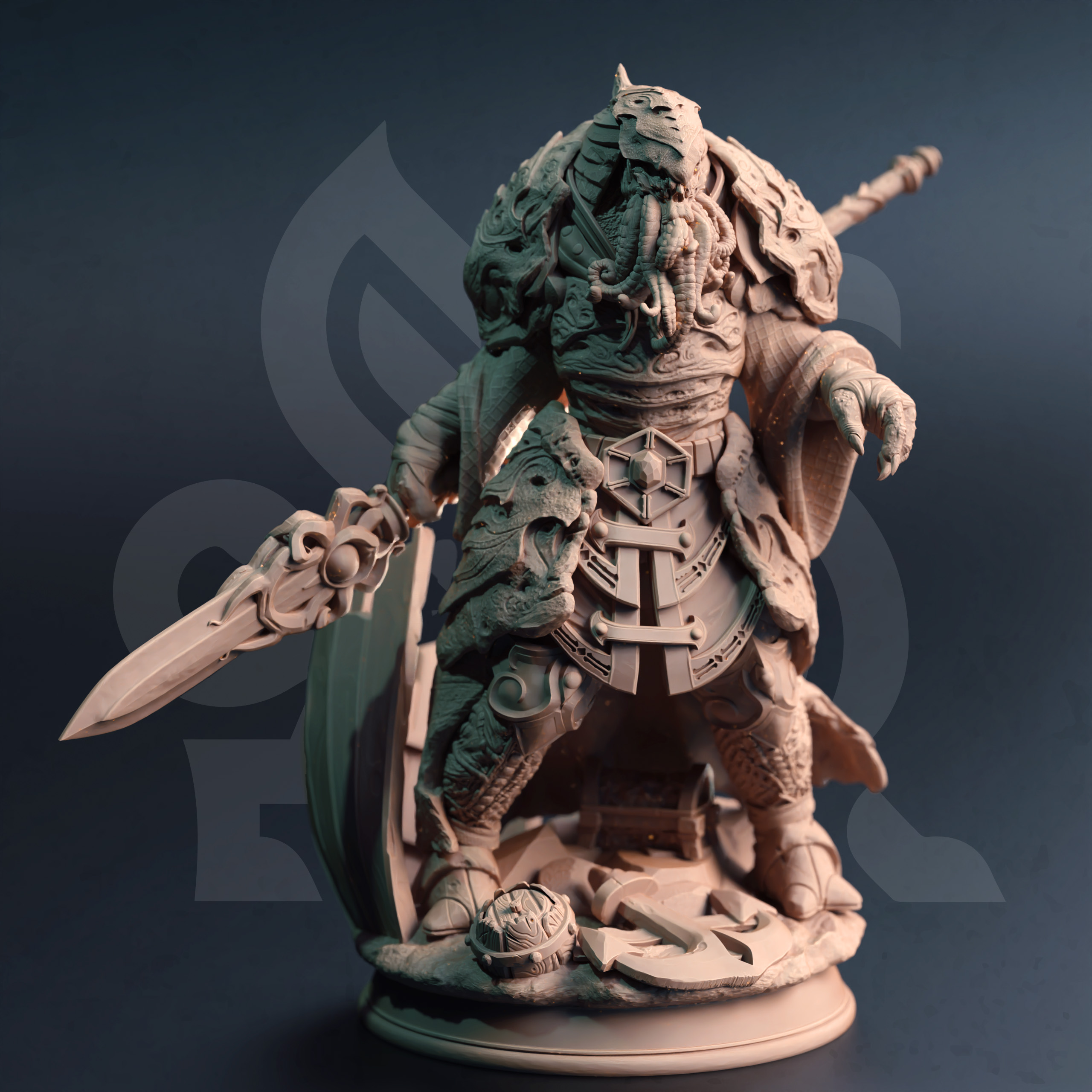 Unpainted resin miniature of Ahznagol, an aberration, on a round base