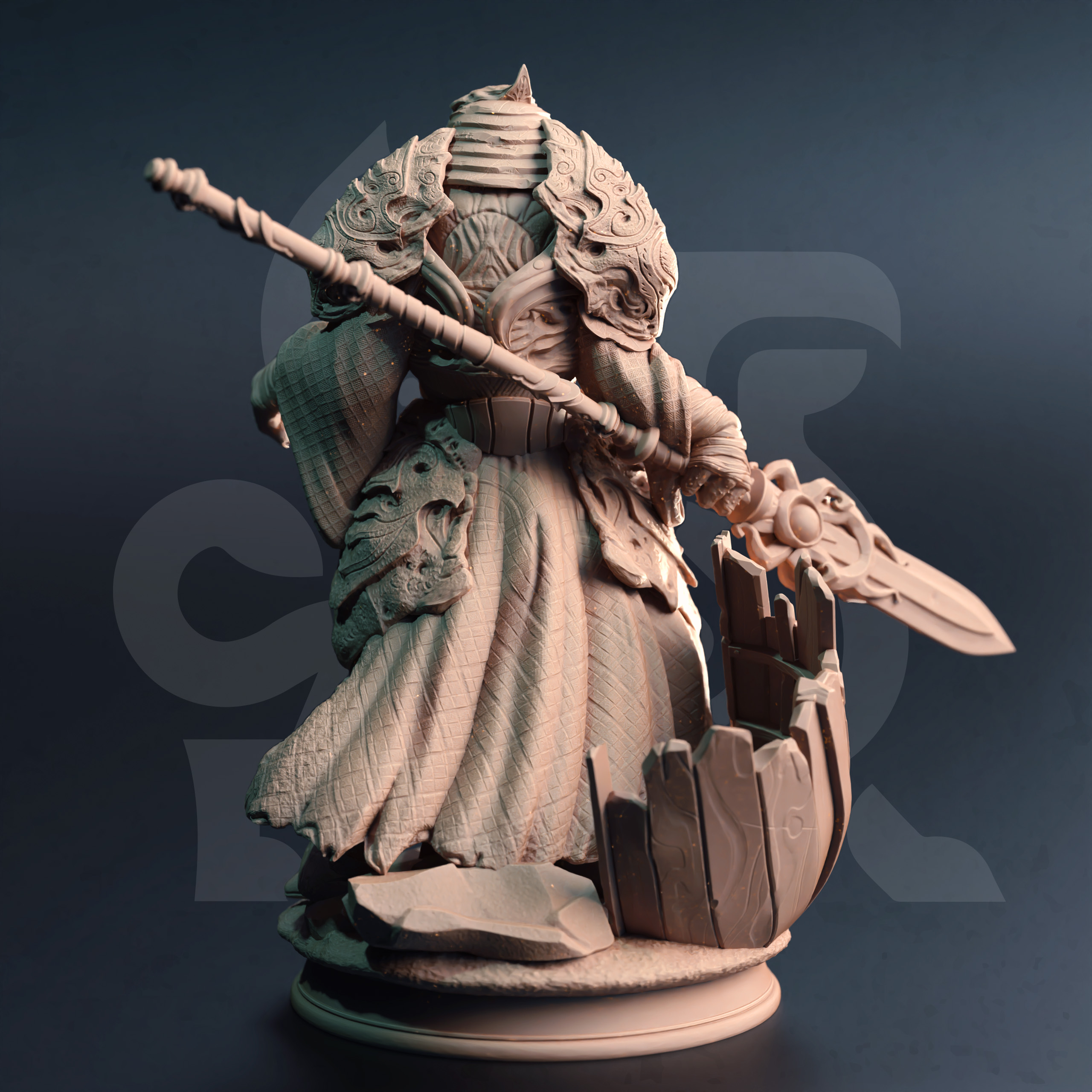 Unpainted resin miniature of Ahznagol, an aberration, on a round base — view 2 of 4
