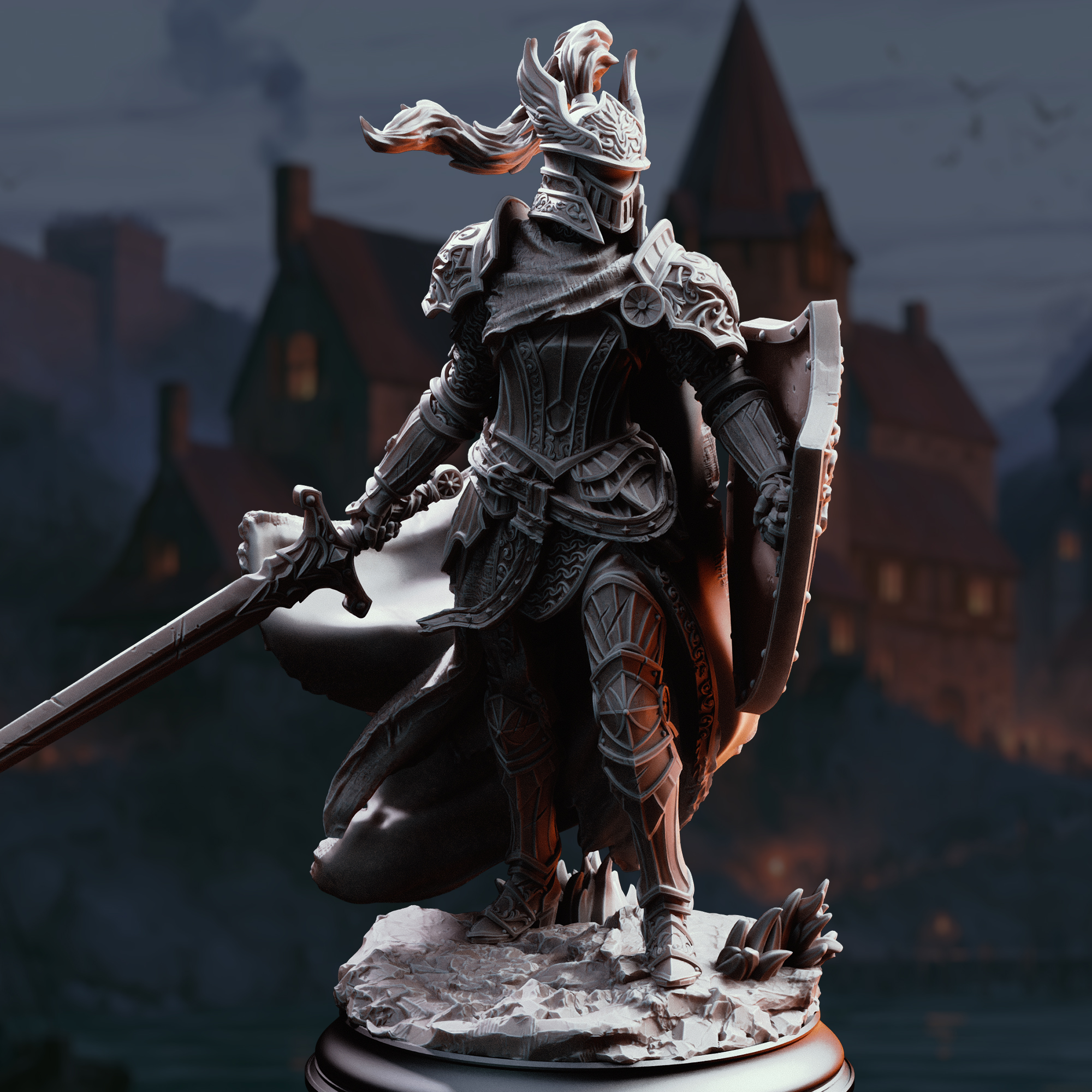 Unpainted resin miniature of Alwine von Findros, a human fighter/paladin, on a round base