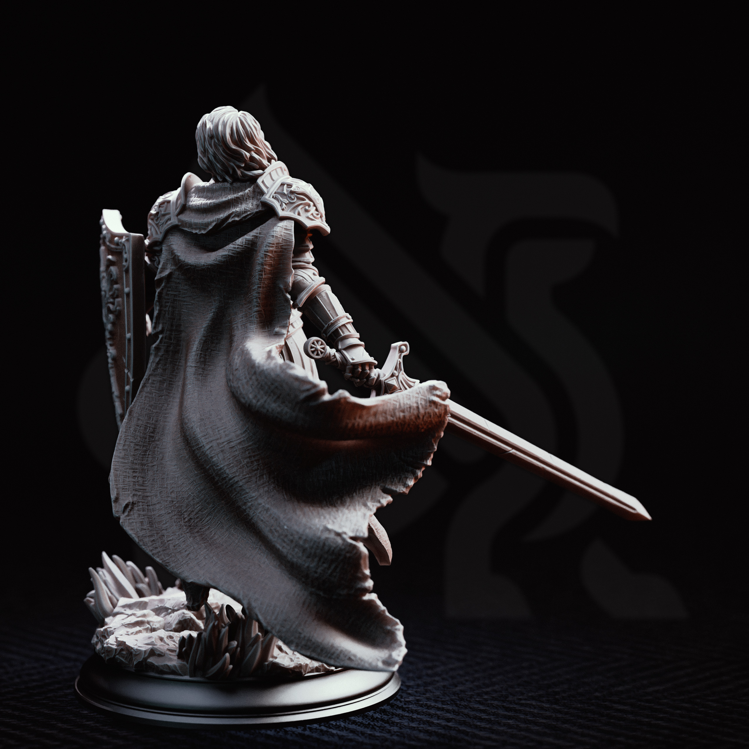 Unpainted resin miniature of Alwine von Findros, a human fighter/paladin, on a round base — view 3 of 4