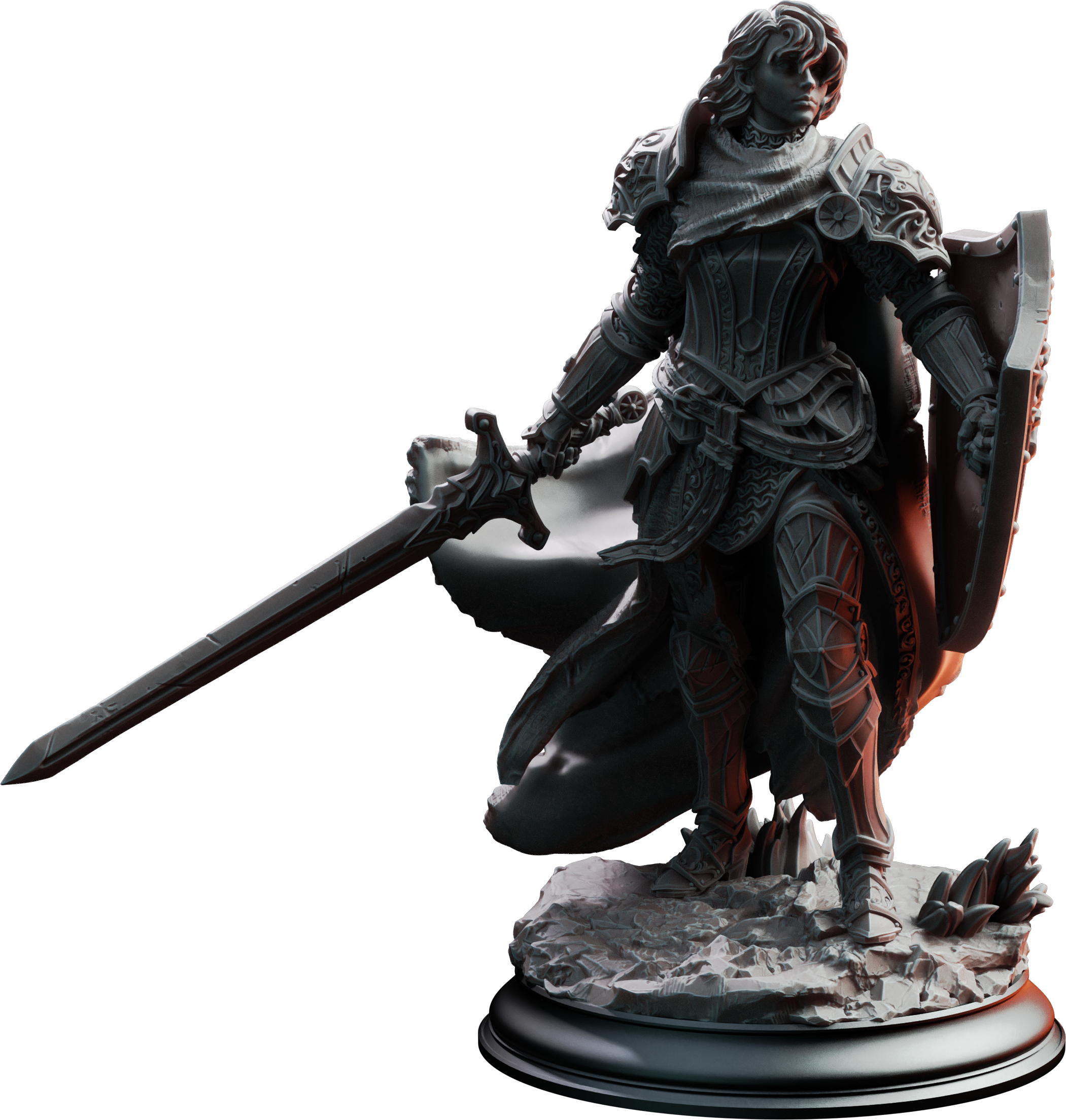 Unpainted resin miniature of Alwine von Findros, a human fighter/paladin, on a round base — view 4 of 4
