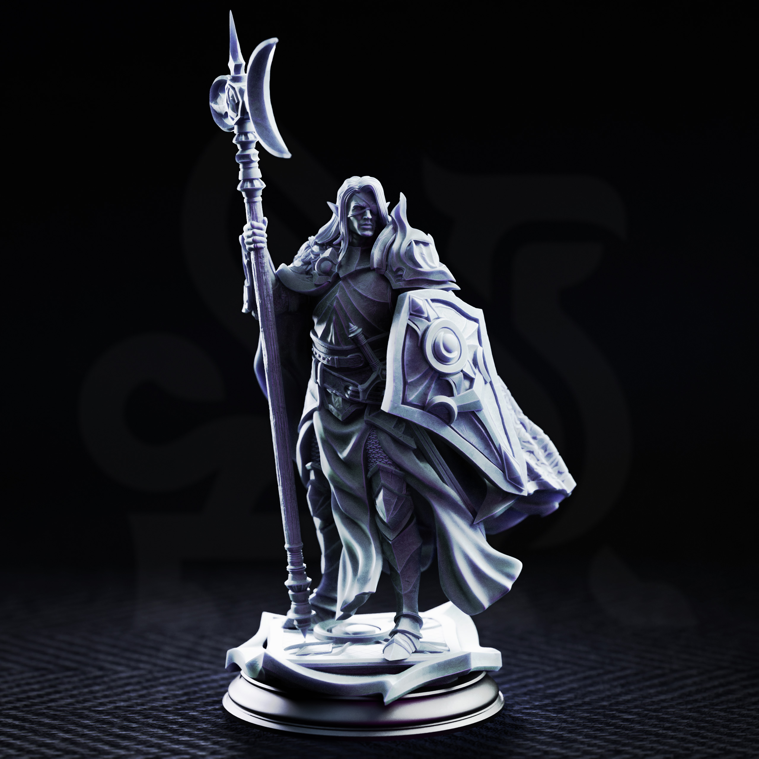 Unpainted resin miniature of Ardent Silathin, knight of the waxing moon
