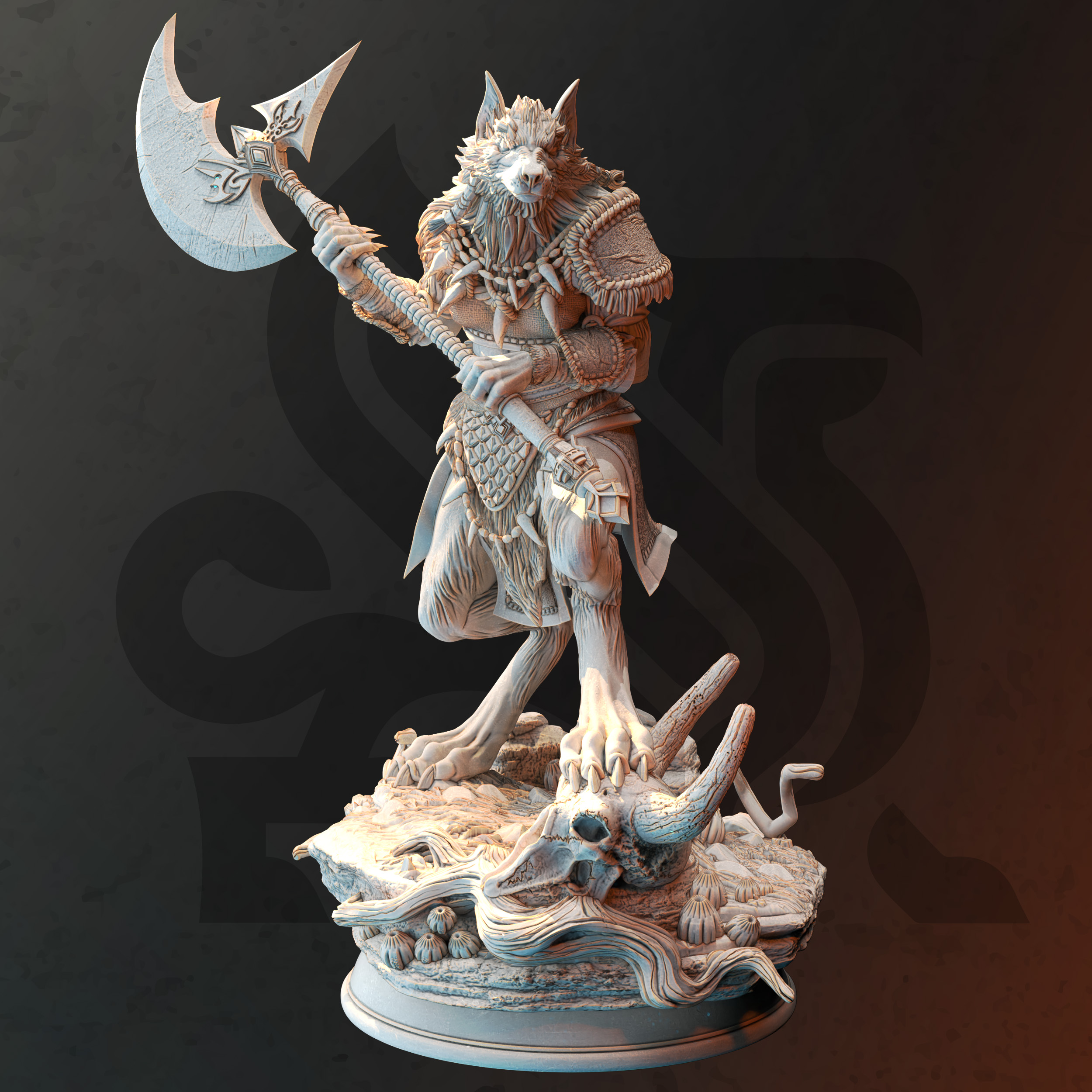 Unpainted resin miniature of Ariana Grey, a beastfolk barbarian/fighter, on a round base