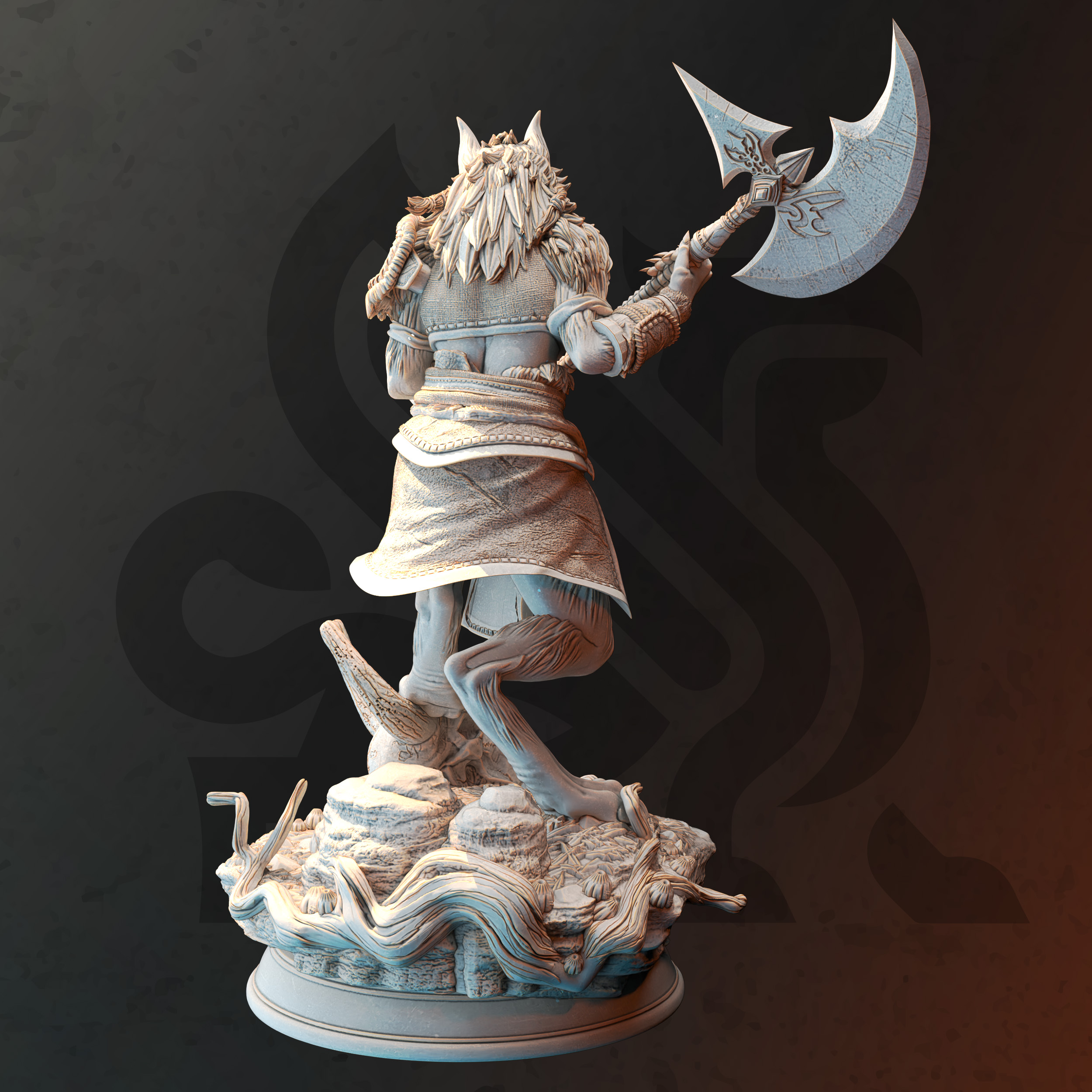 Unpainted resin miniature of Ariana Grey, a beastfolk barbarian/fighter, on a round base — view 2 of 2