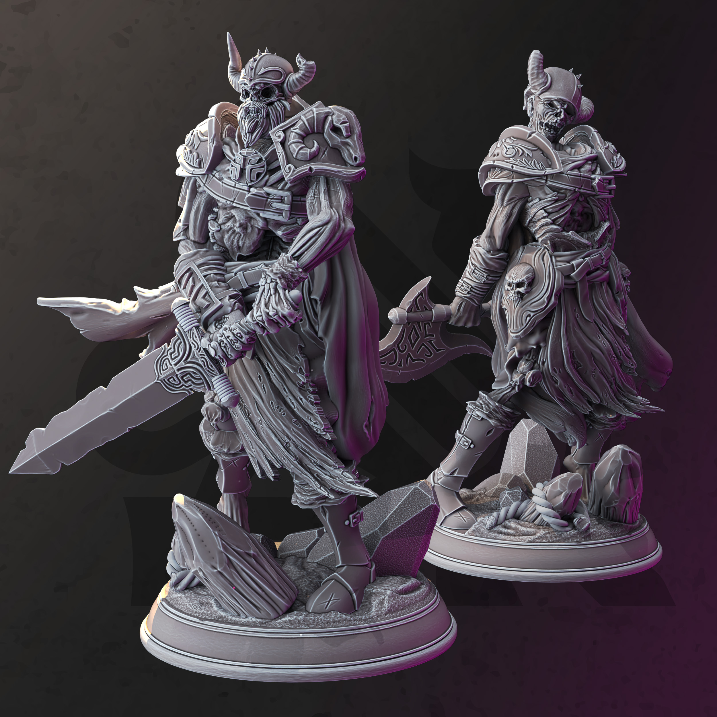 Unpainted resin miniature of Arisen Warriors, an undead, on a round base
