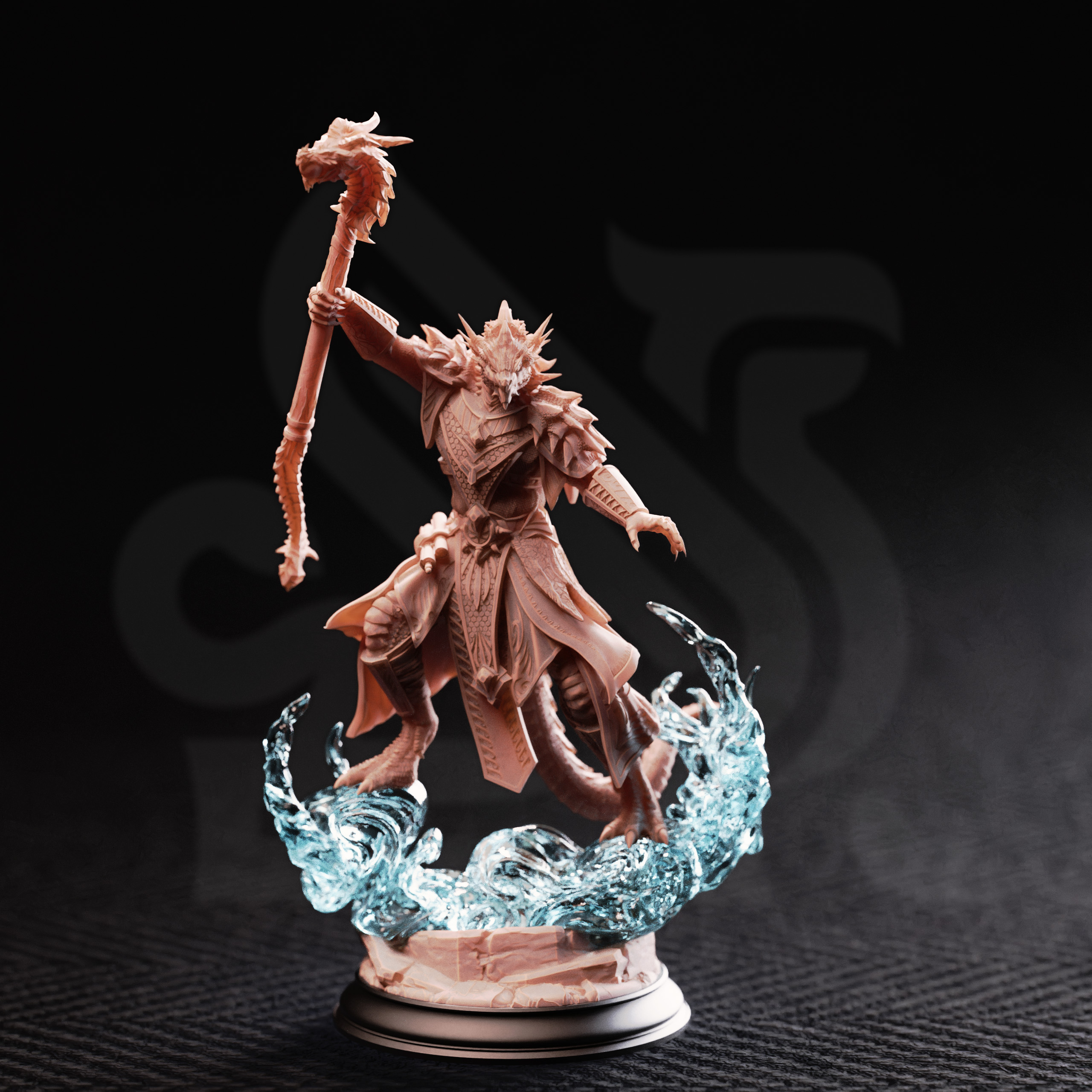 Unpainted resin miniature of Artizak Stormscale, chaos dragon sorcerer