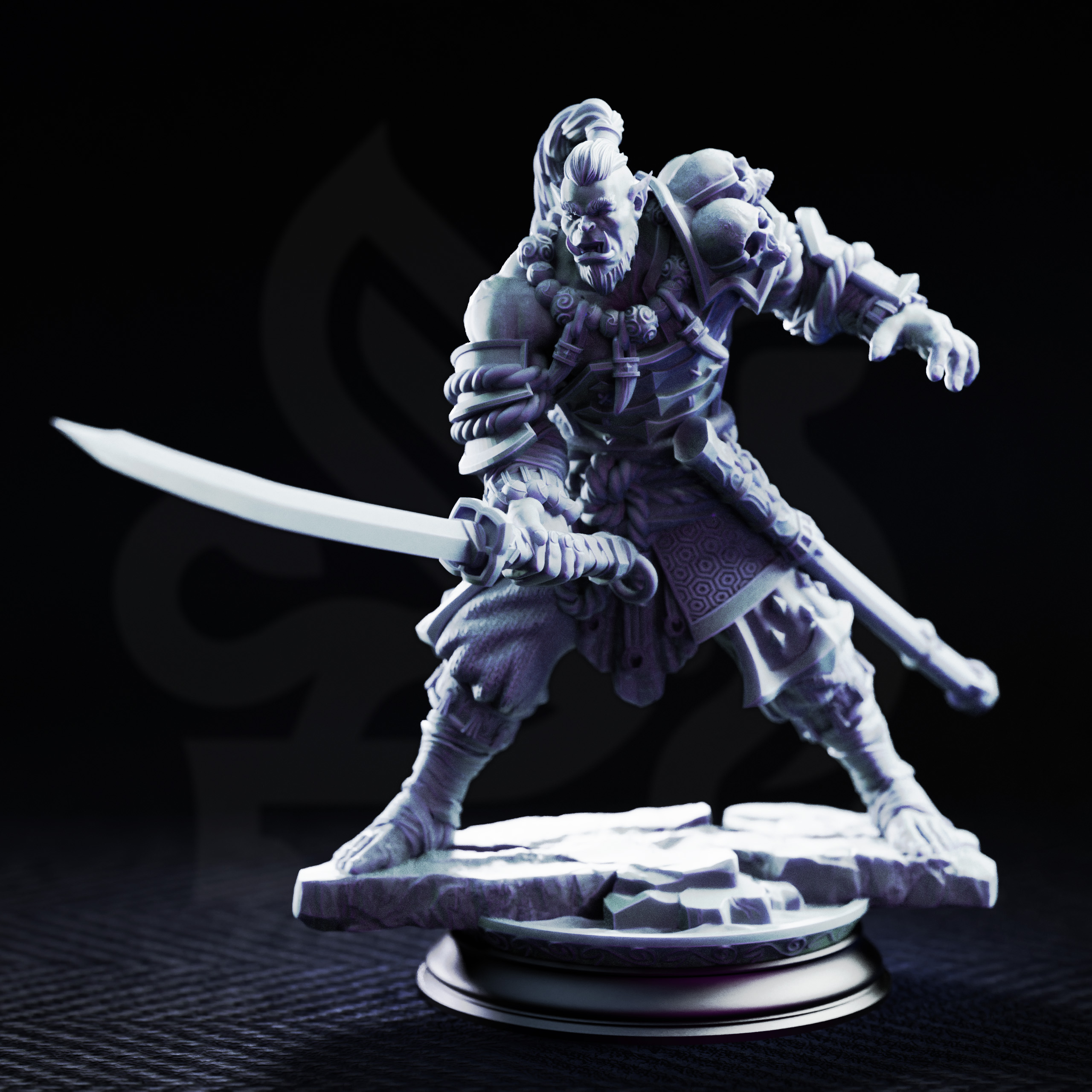 Unpainted resin miniature of Bagrash Ilkhan, orc blademaster