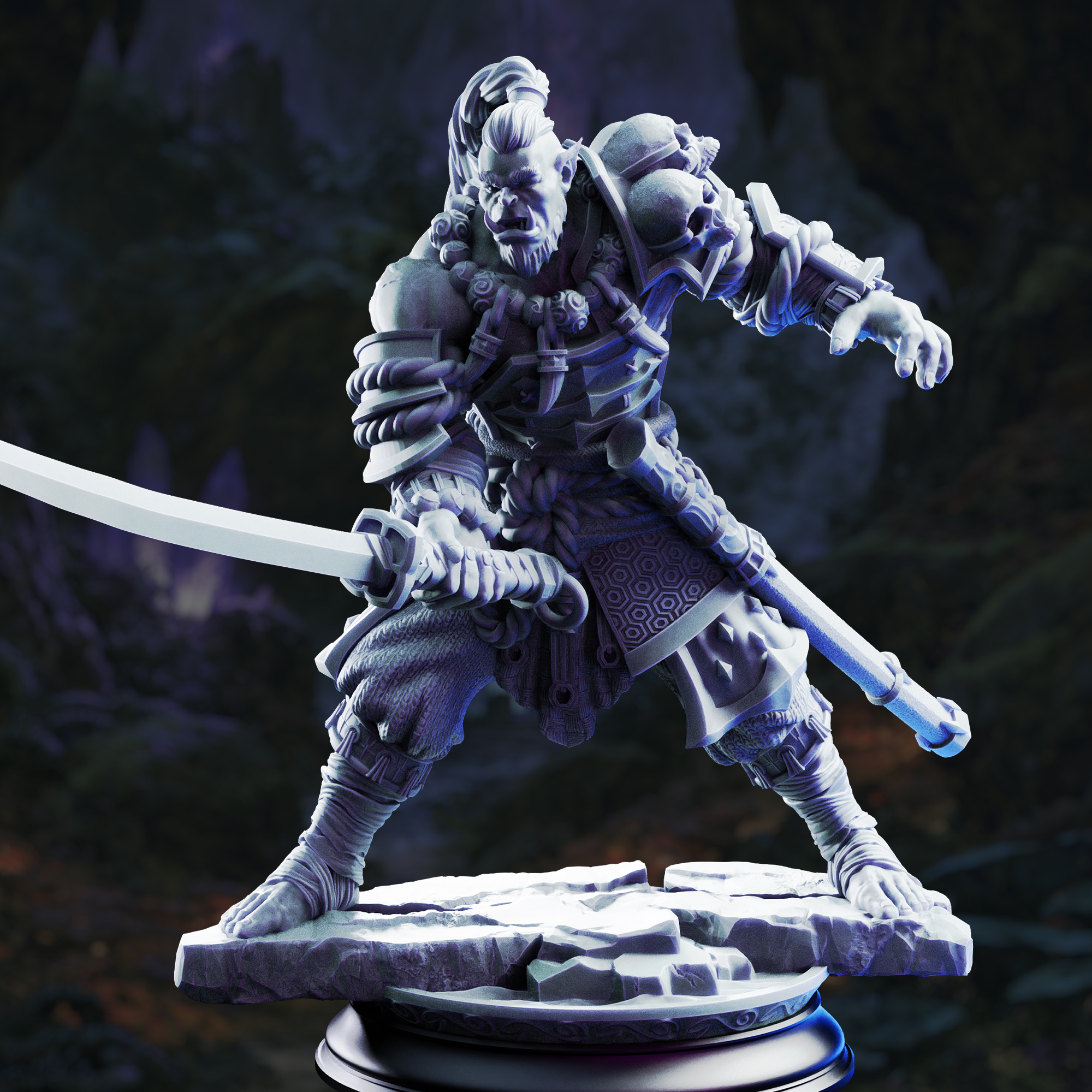 Unpainted resin miniature of Bagrash Ilkhan, orc blademaster — view 2 of 4