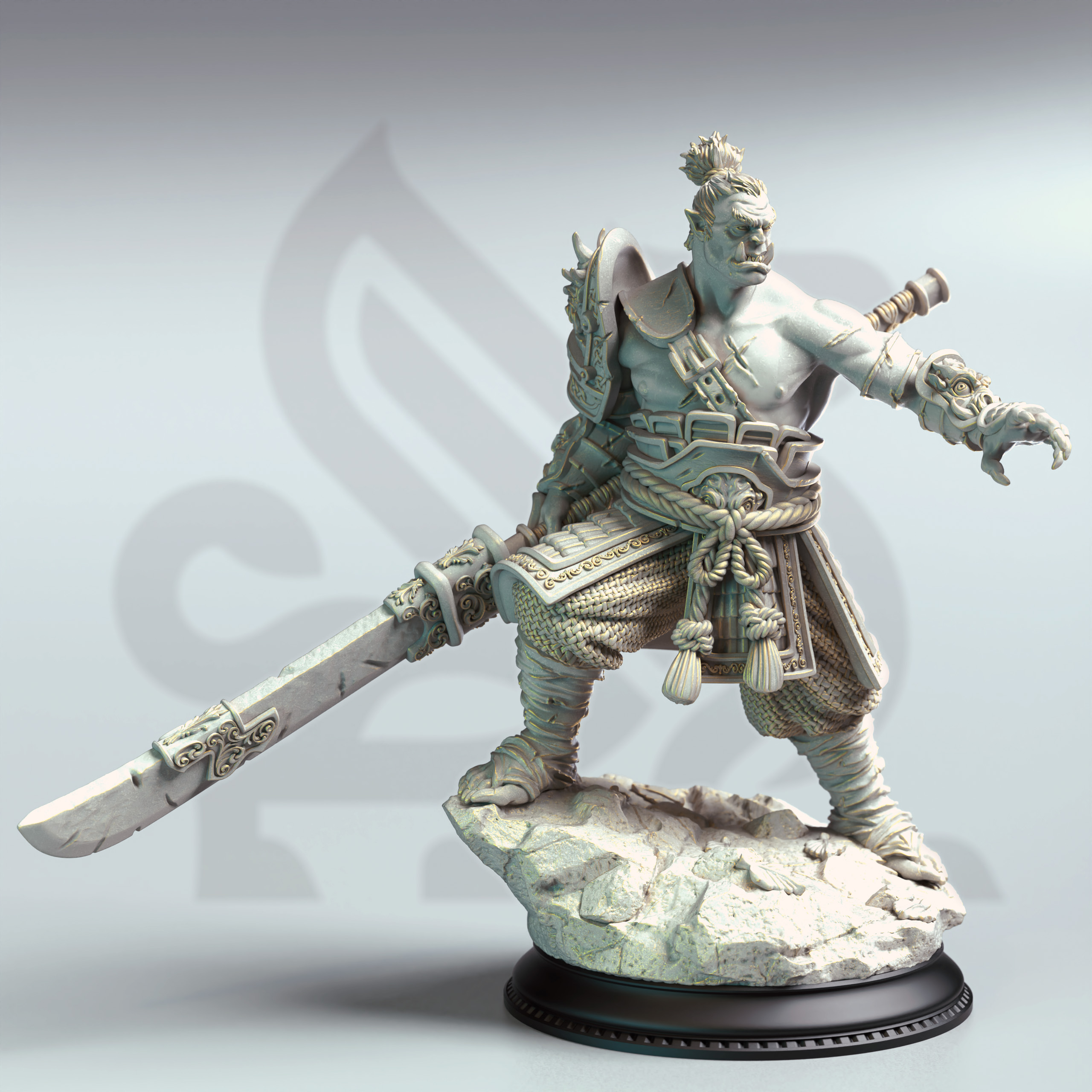 Unpainted resin miniature of Bao Long, a half-orc/orc fighter/ranger, on a round base — view 2 of 4