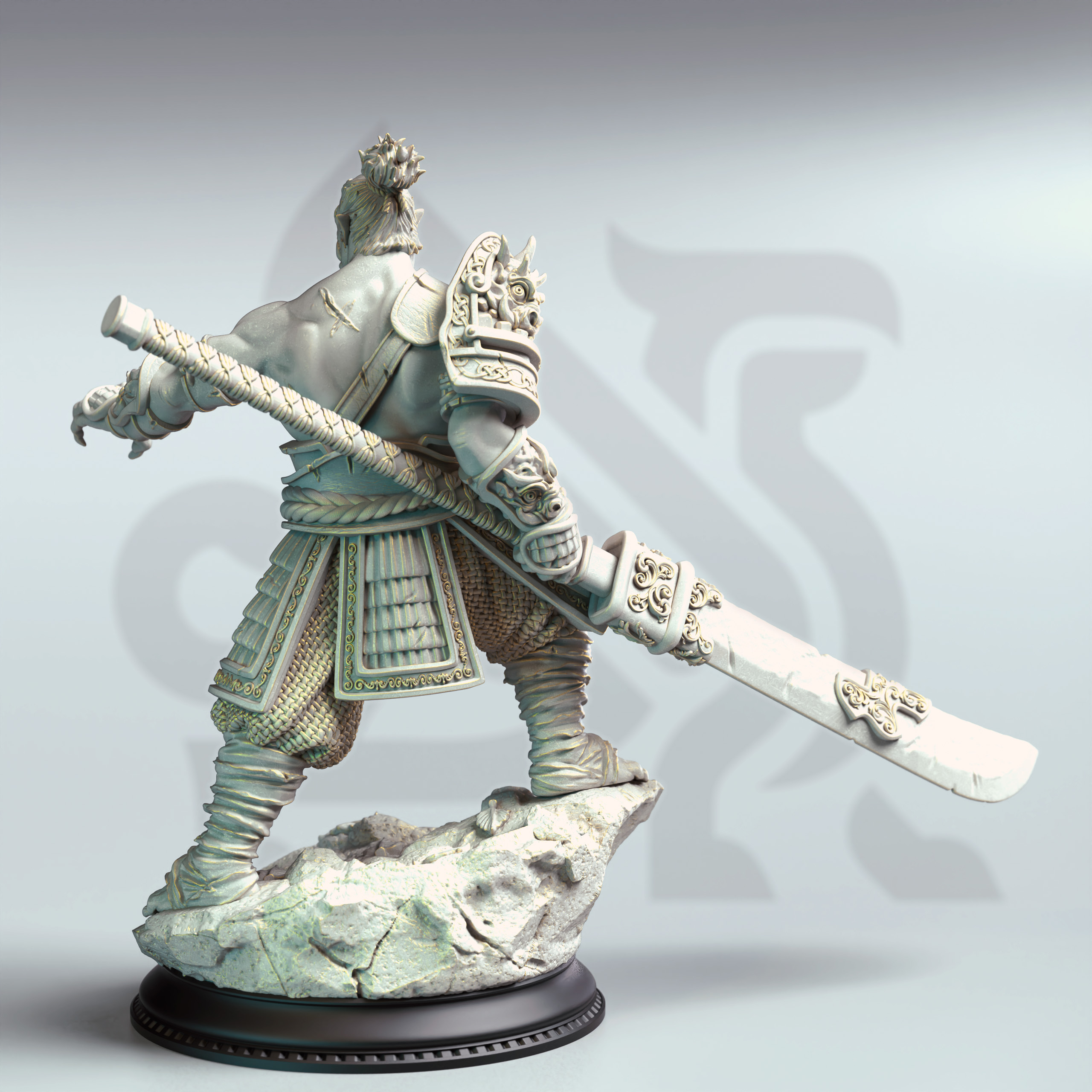 Unpainted resin miniature of Bao Long, a half-orc/orc fighter/ranger, on a round base — view 3 of 4