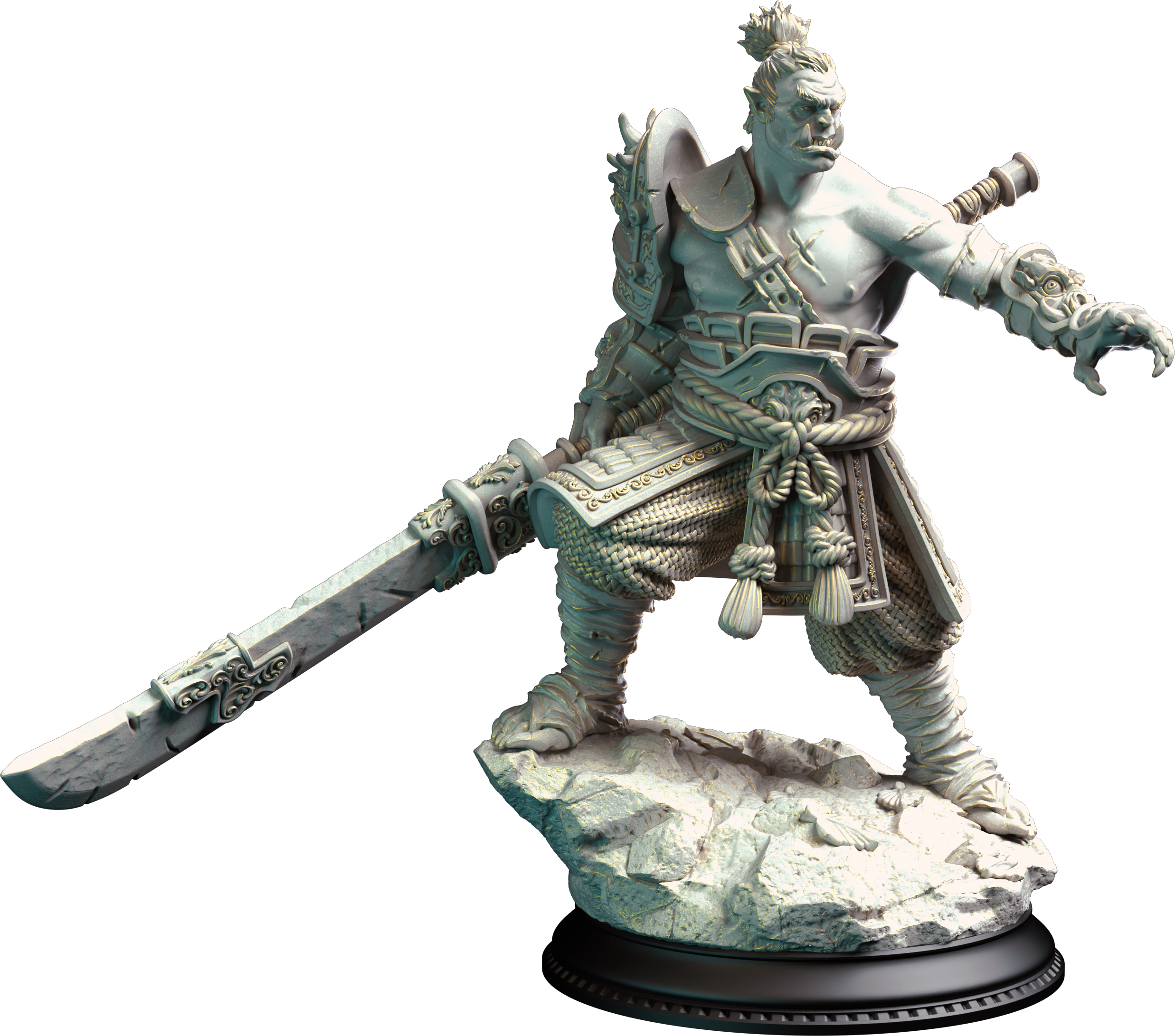 Unpainted resin miniature of Bao Long, a half-orc/orc fighter/ranger, on a round base — view 4 of 4