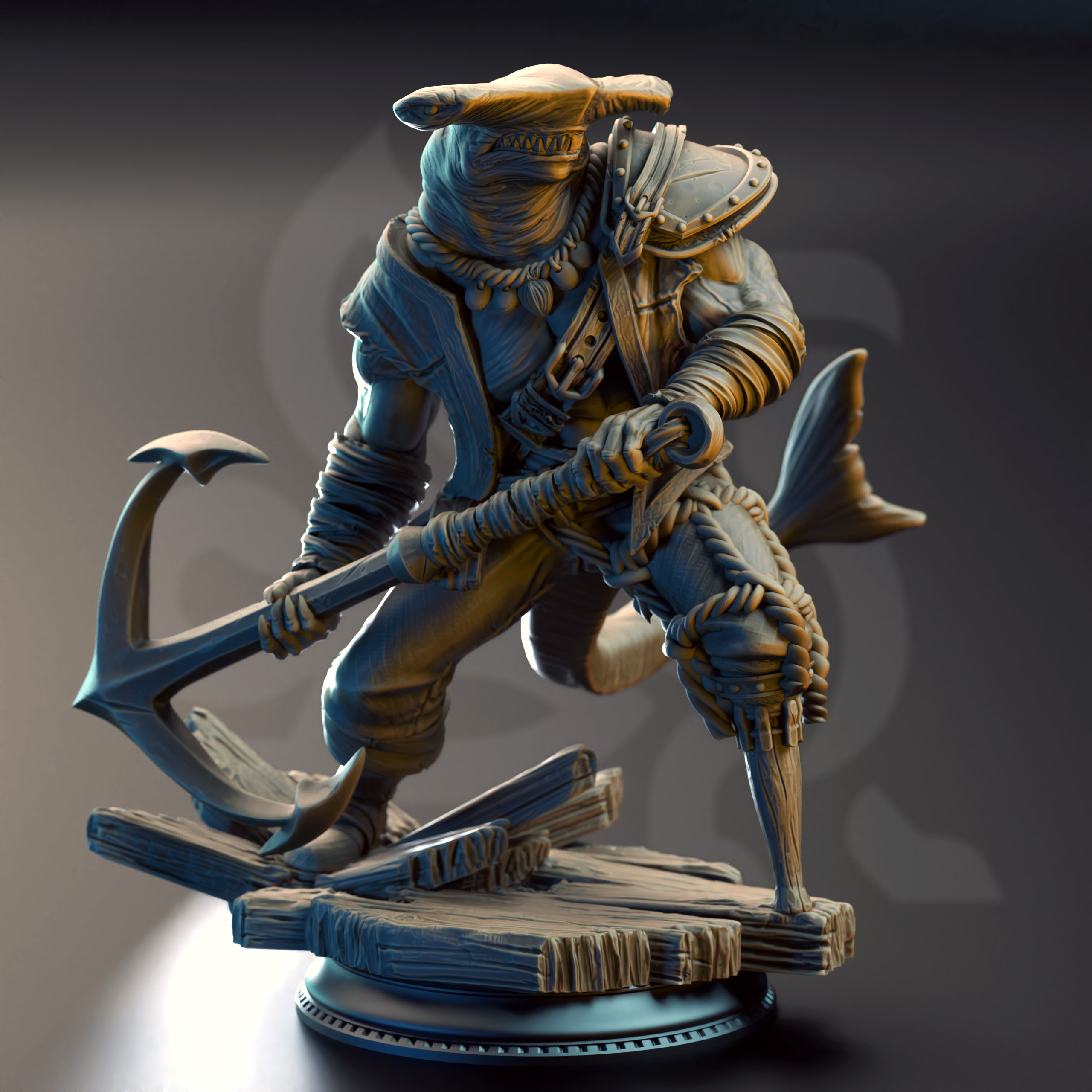 Unpainted resin miniature of Baz “Smiley” Armstrong, a beastfolk barbarian/fighter, on a round base
