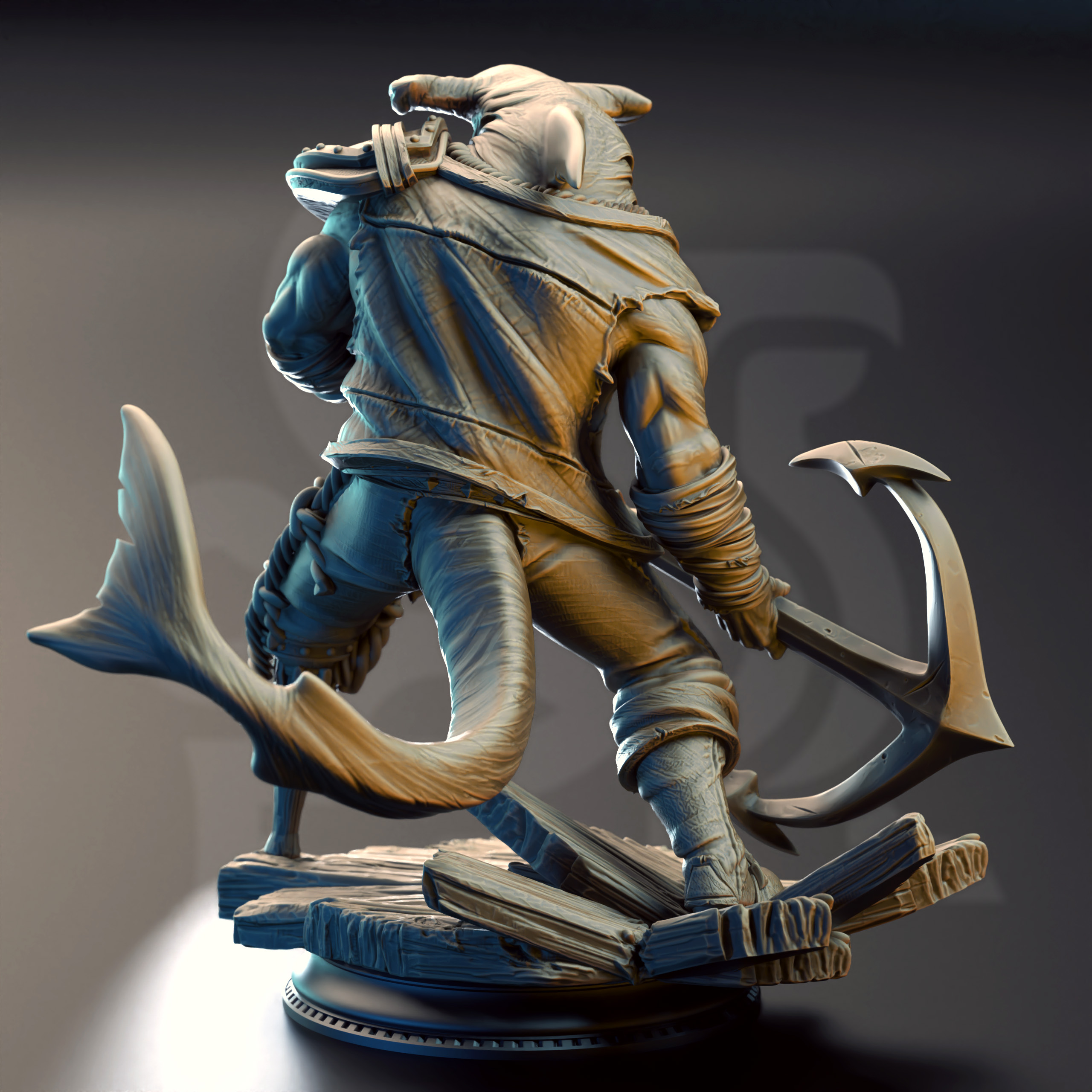 Unpainted resin miniature of Baz “Smiley” Armstrong, a beastfolk barbarian/fighter, on a round base — view 2 of 4