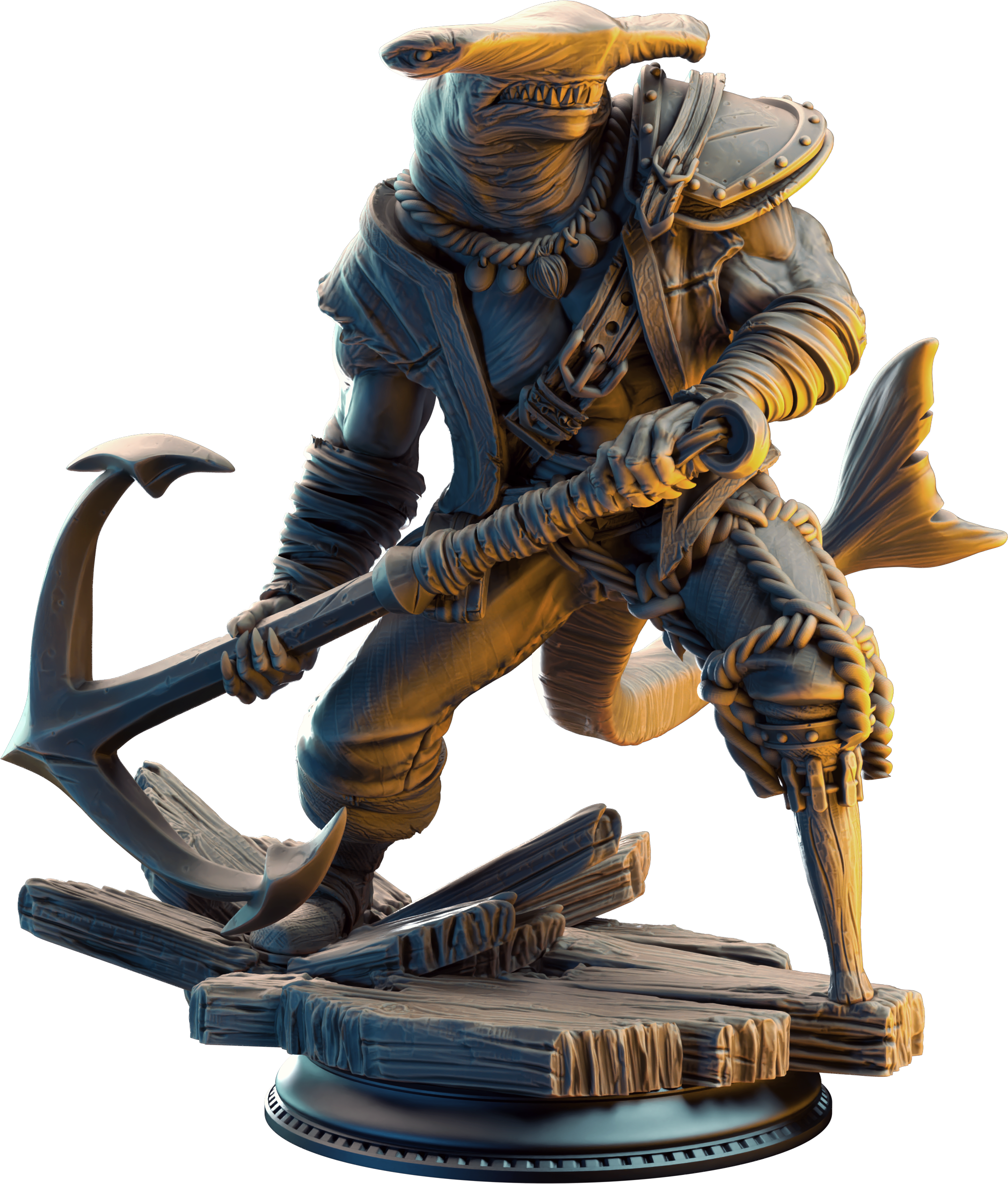 Unpainted resin miniature of Baz “Smiley” Armstrong, a beastfolk barbarian/fighter, on a round base — view 4 of 4