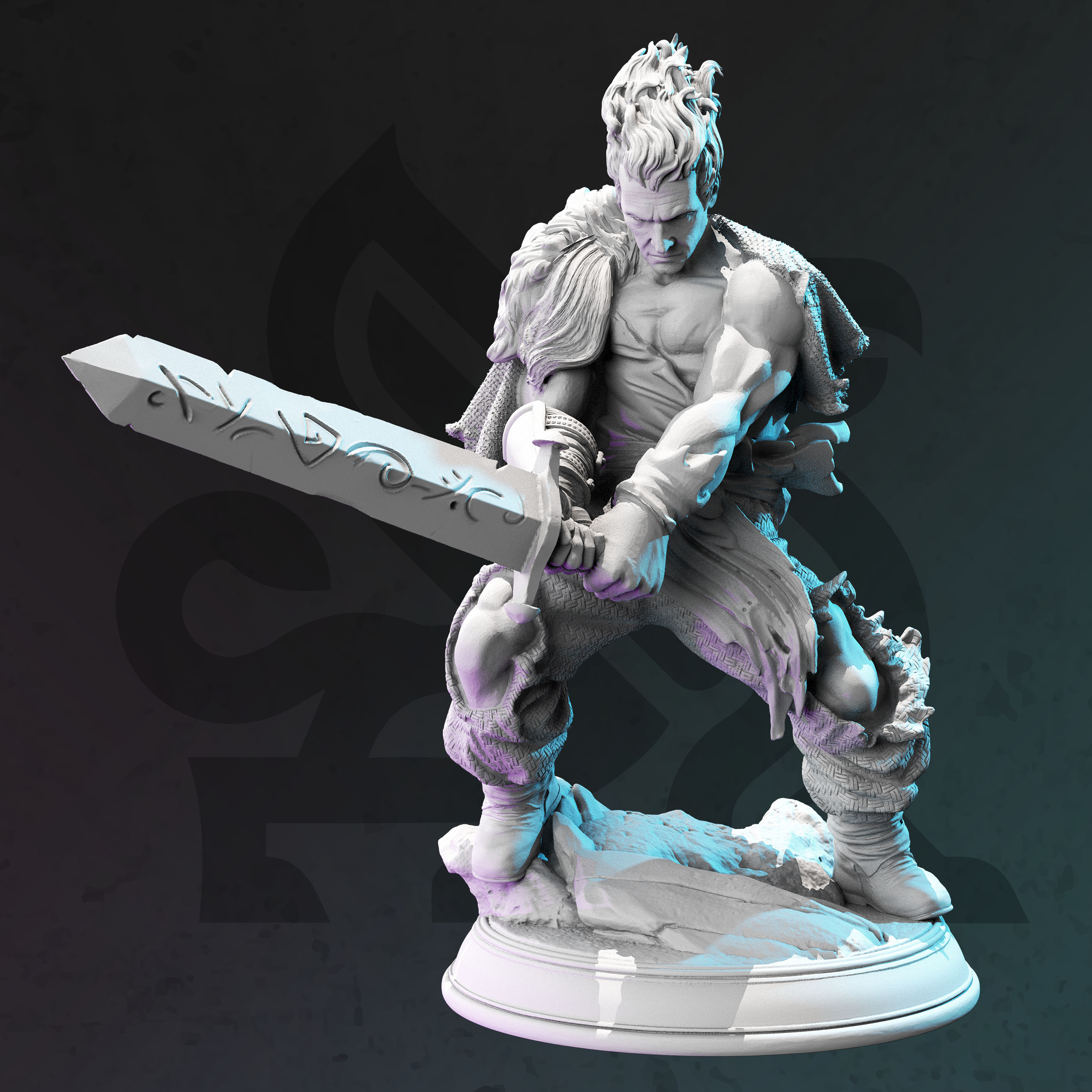 Unpainted resin miniature of Bloodhunter Captain, a human hex hunter, on a round base