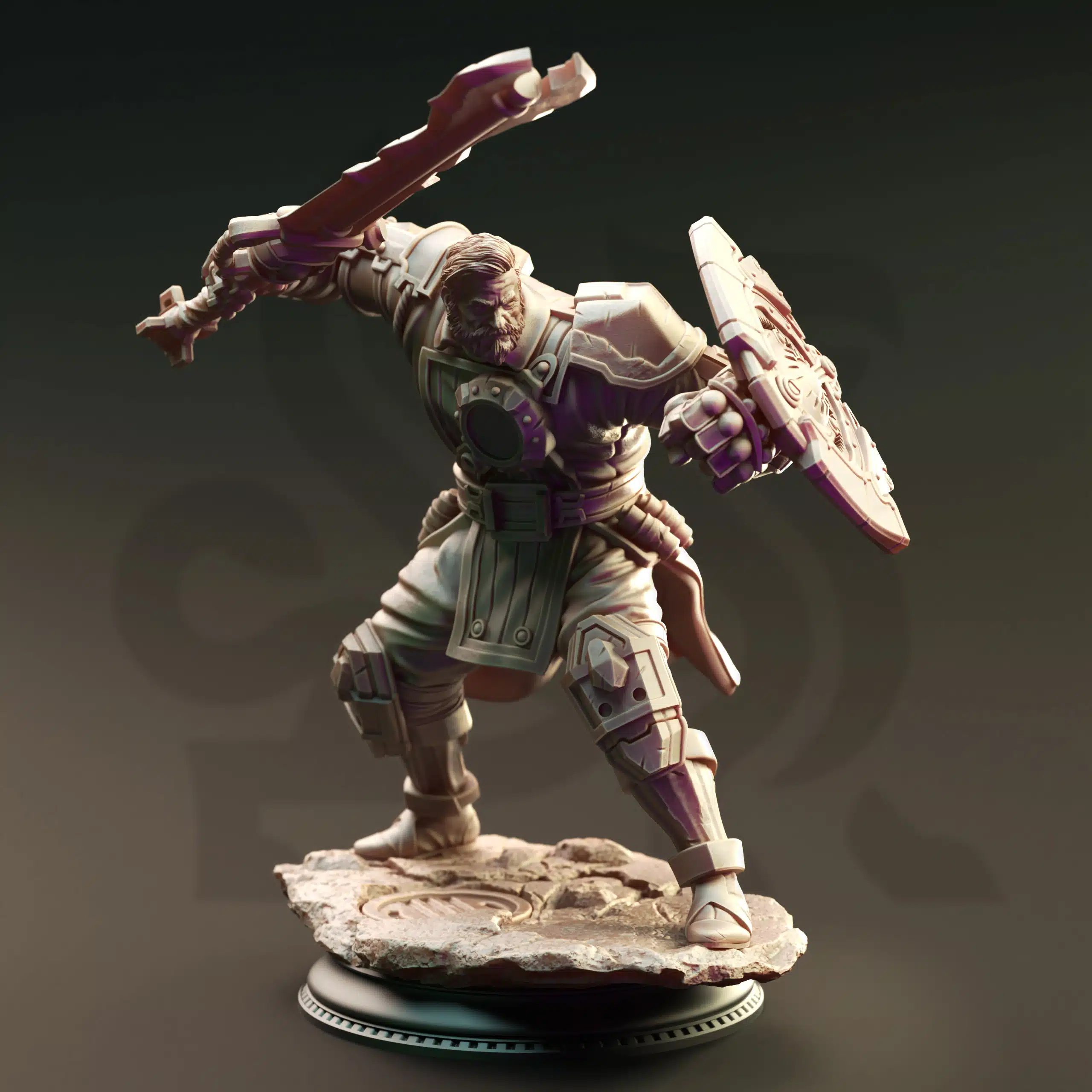 Unpainted resin miniature of Brandyn Broadoak, a human artificer/fighter/paladin, on a round base