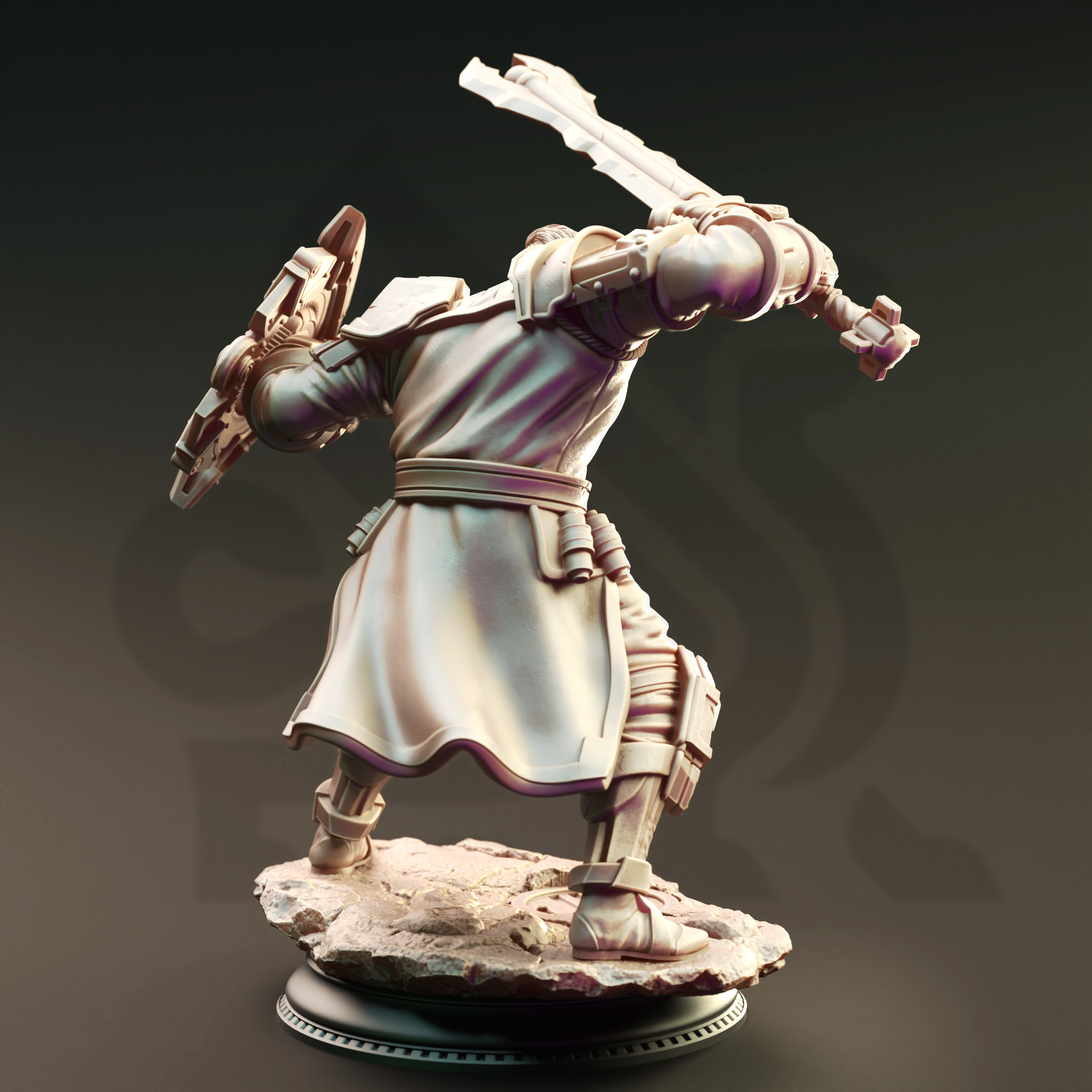 Unpainted resin miniature of Brandyn Broadoak, a human artificer/fighter/paladin, on a round base — view 3 of 4