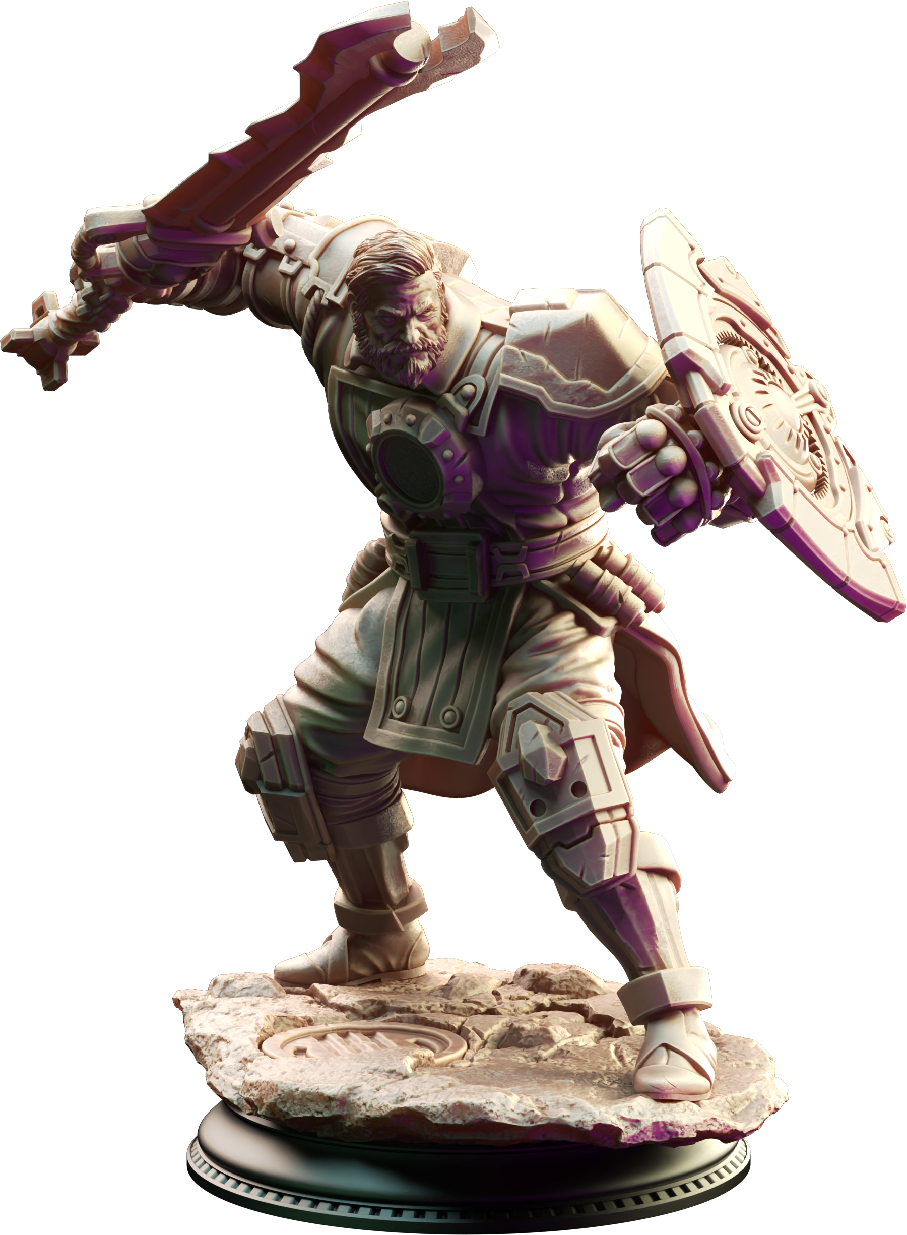 Unpainted resin miniature of Brandyn Broadoak, a human artificer/fighter/paladin, on a round base — view 4 of 4