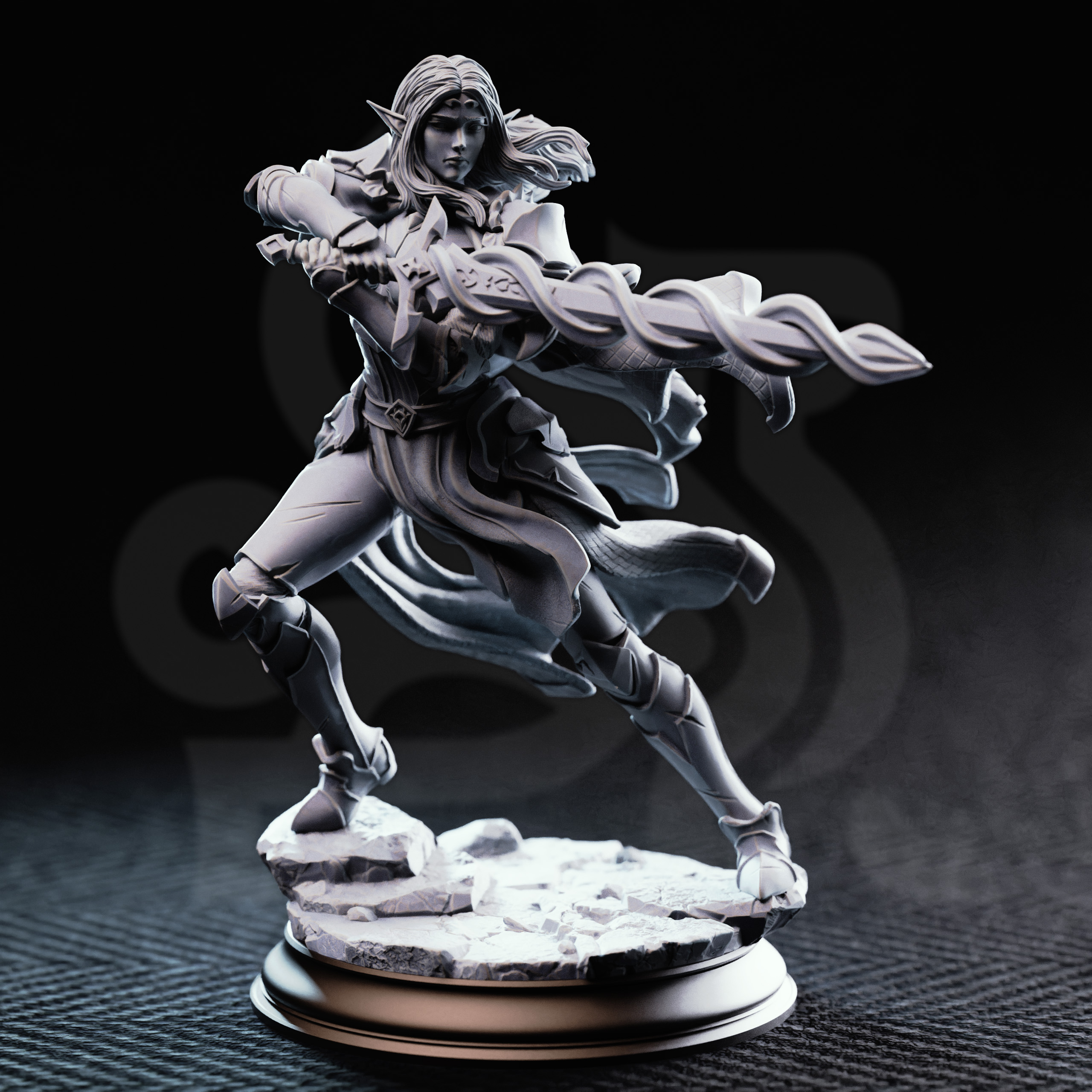 Unpainted resin miniature of Cerindelia of House Verani, an elf fighter/paladin, on a round base