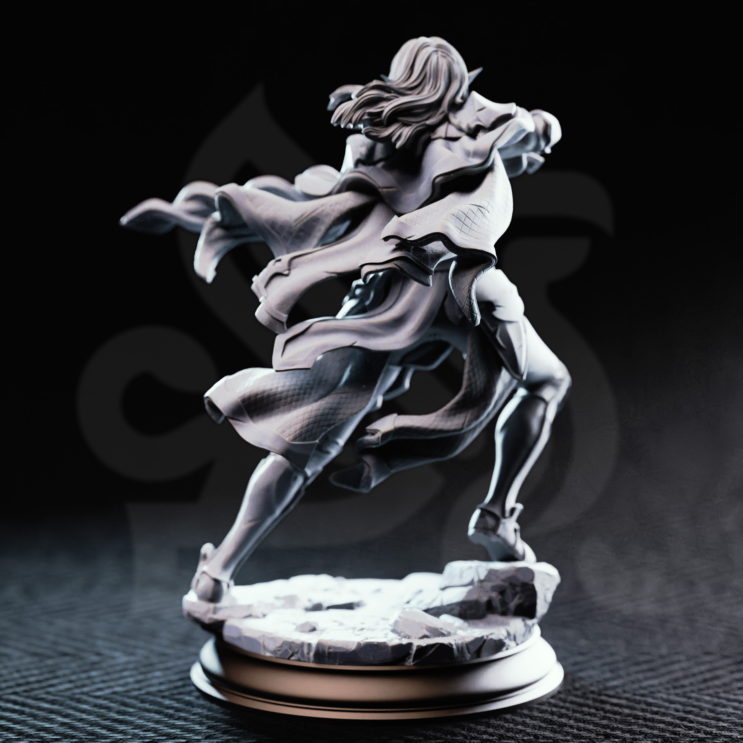 Unpainted resin miniature of Cerindelia of House Verani, an elf fighter/paladin, on a round base — view 2 of 4