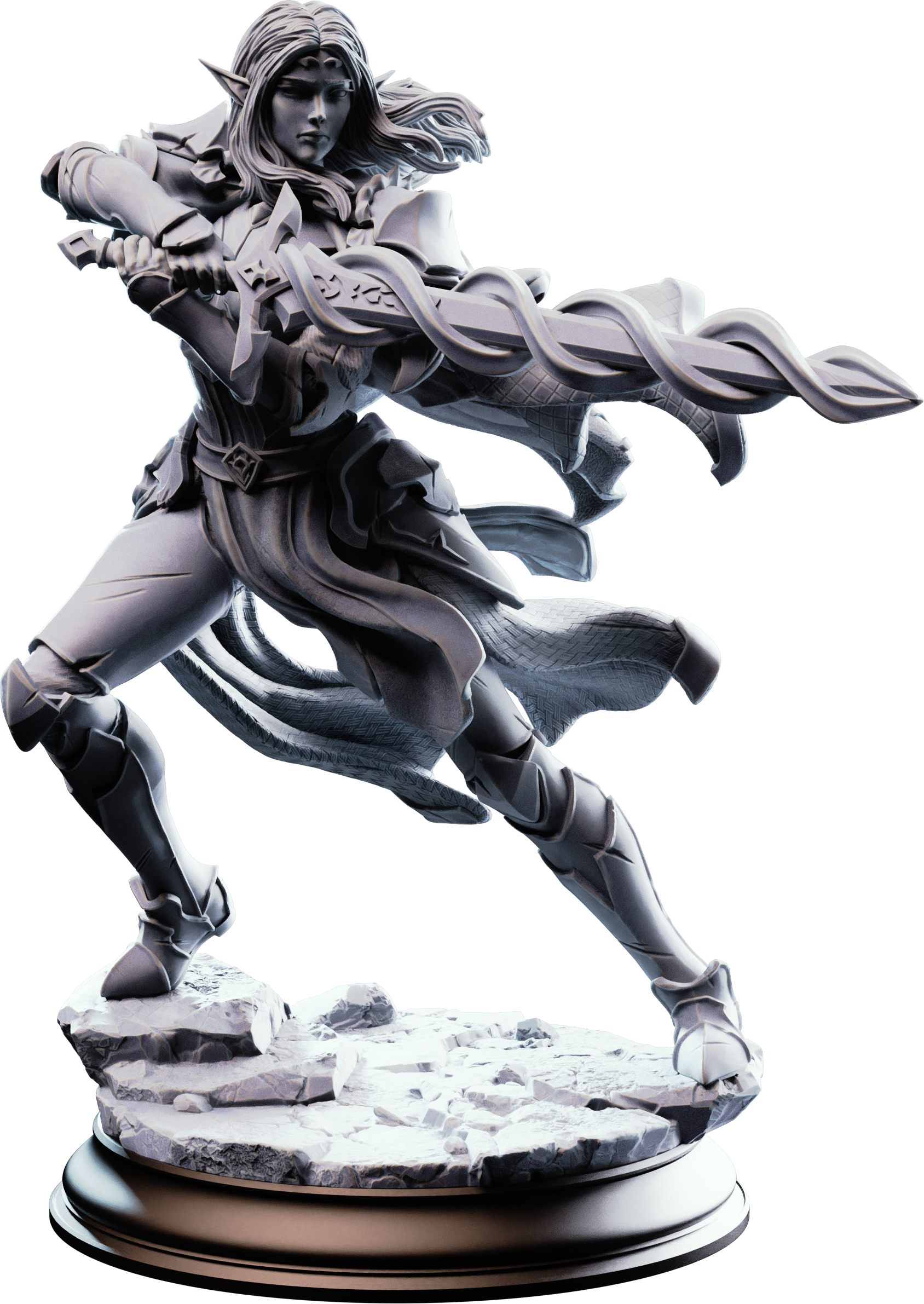 Unpainted resin miniature of Cerindelia of House Verani, an elf fighter/paladin, on a round base — view 4 of 4
