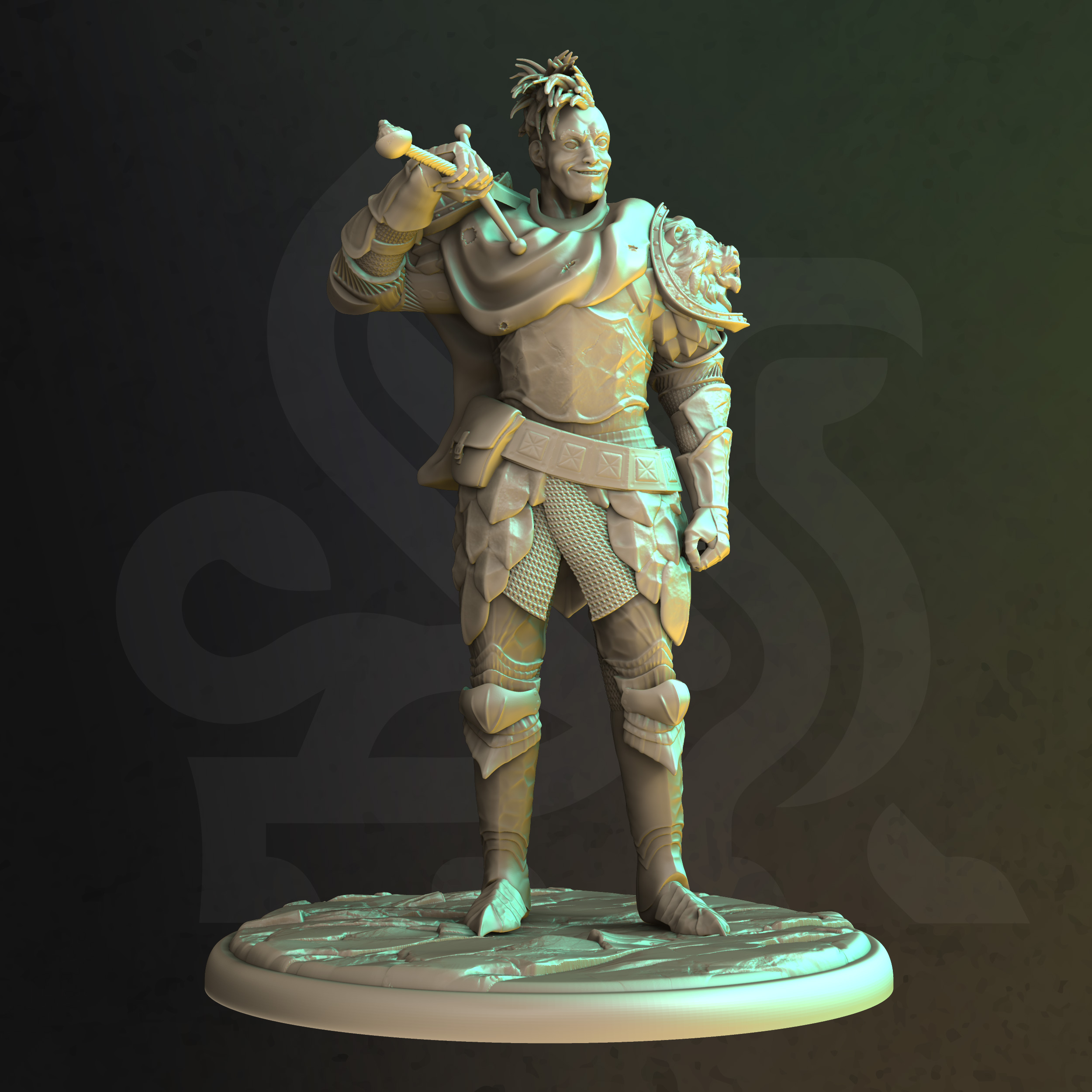 Unpainted resin miniature of Champion Of The Claw, a human fighter/paladin, on a round base
