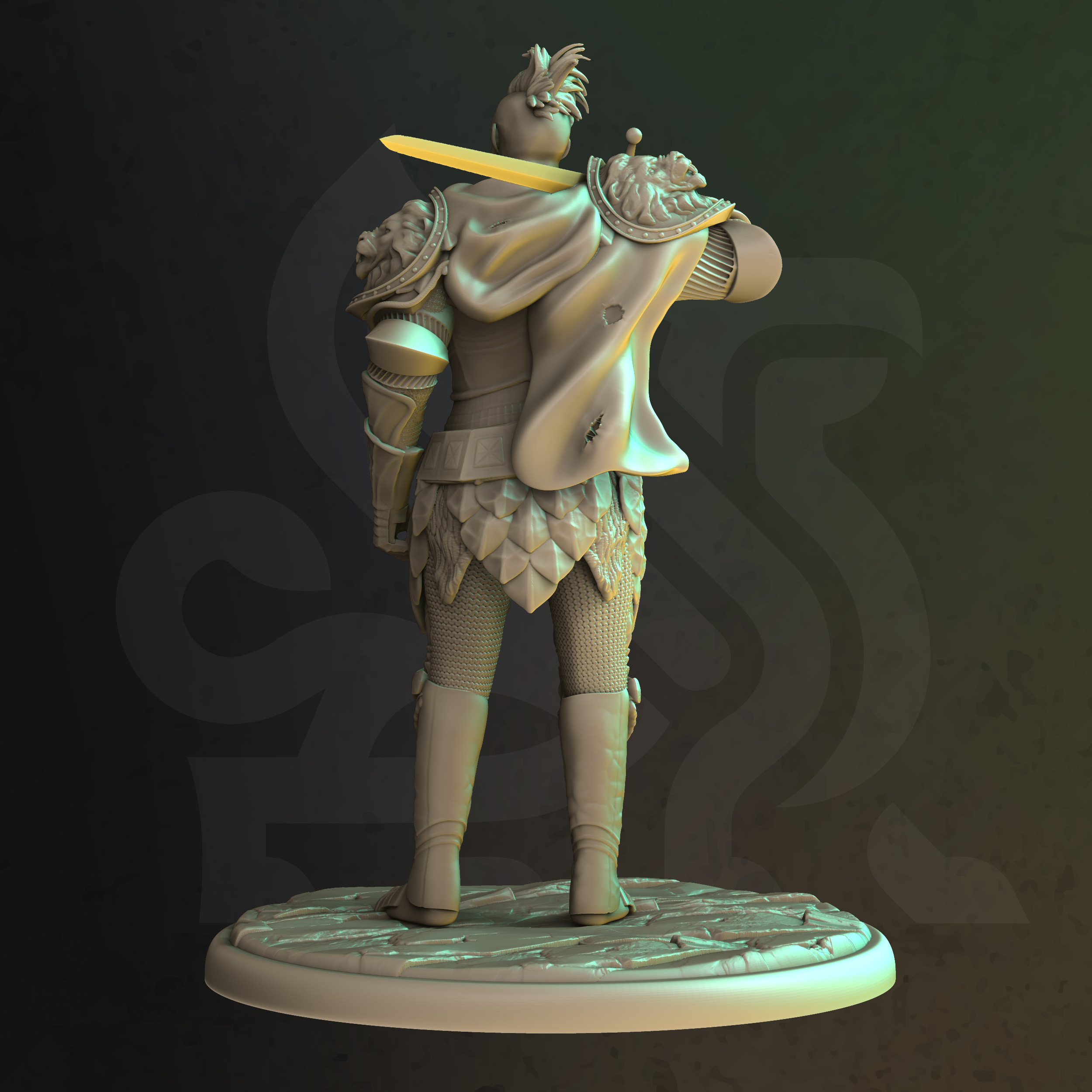 Unpainted resin miniature of Champion Of The Claw, a human fighter/paladin, on a round base — view 2 of 2