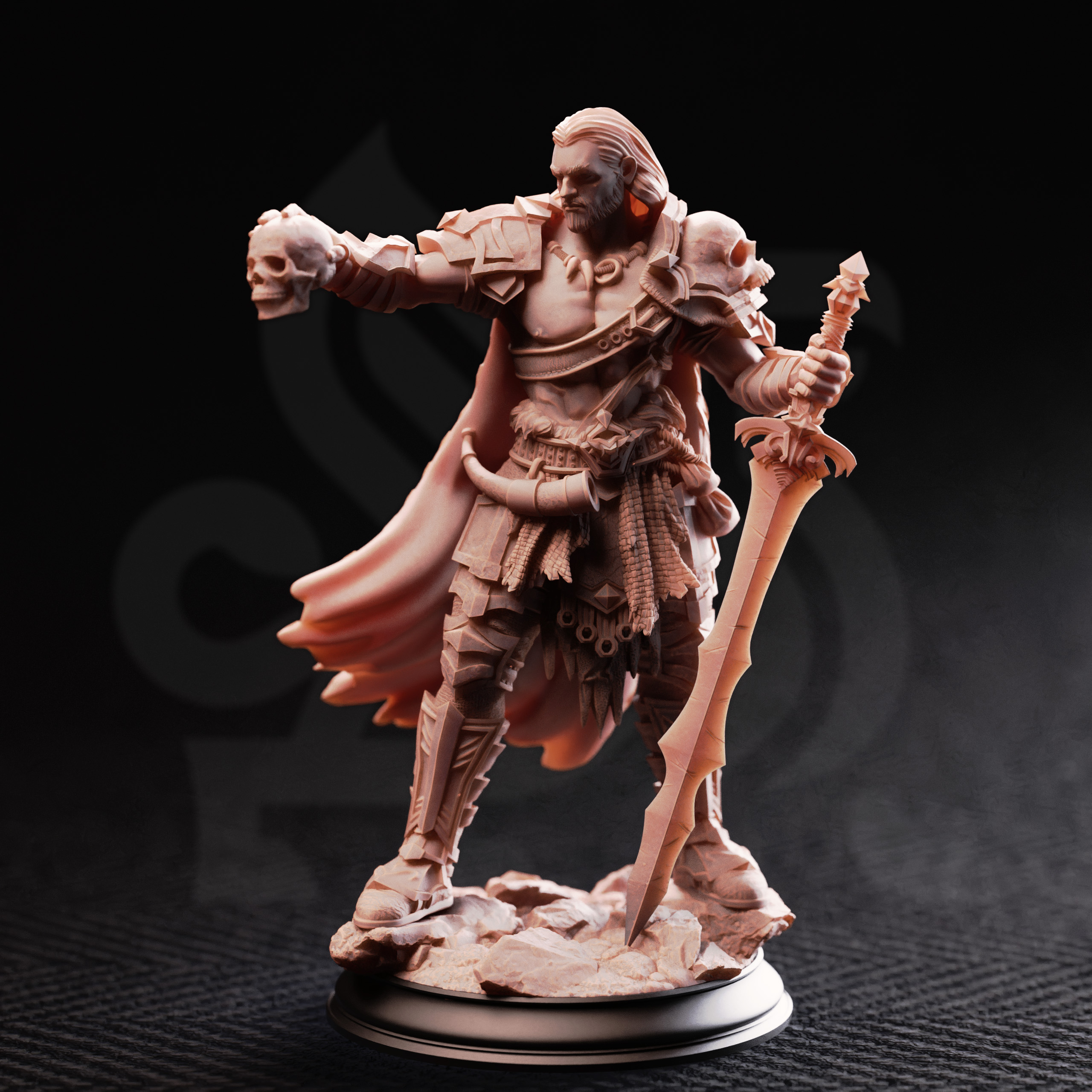 Unpainted resin miniature of Corsicus, swordsman of the north
