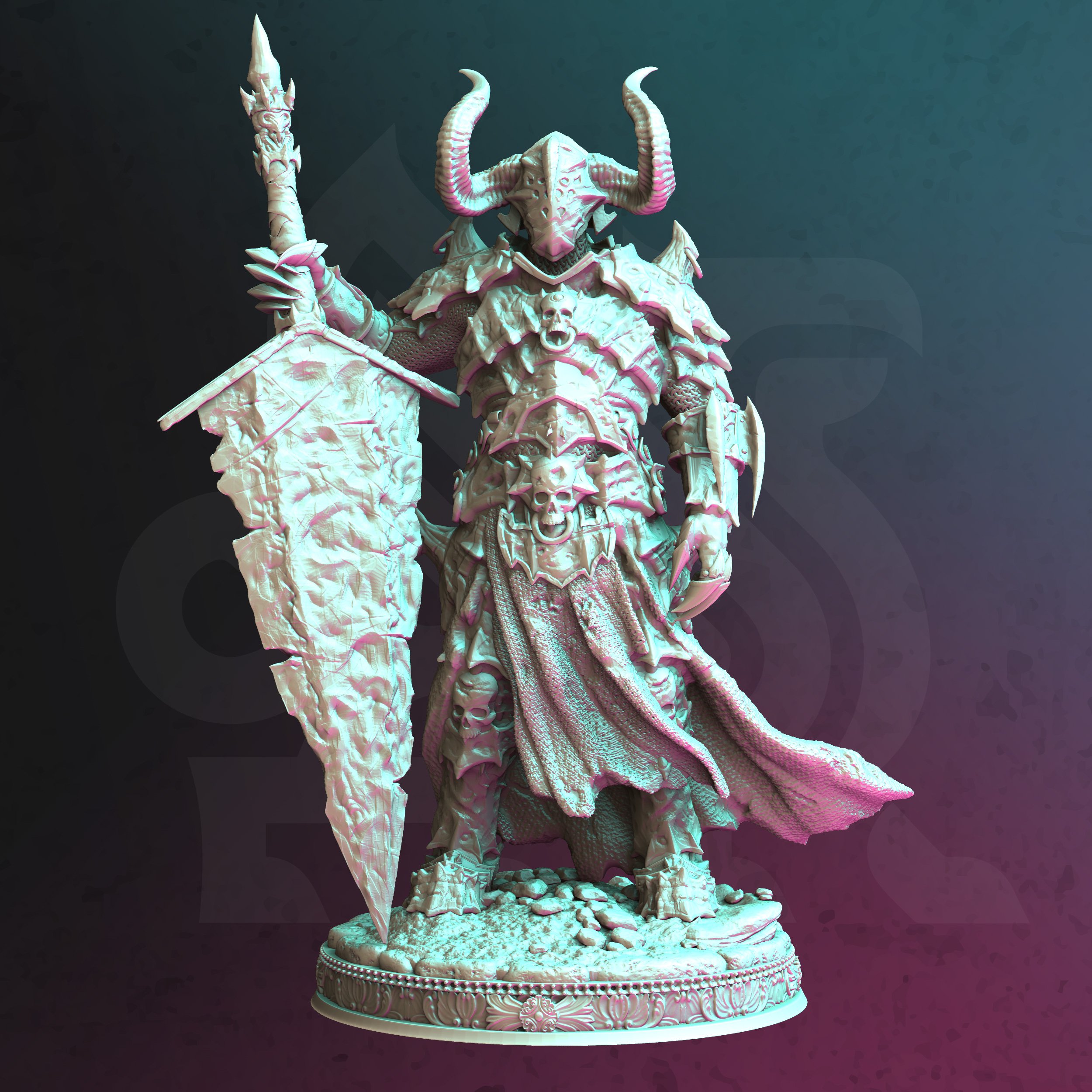 Unpainted resin miniature of Deathknight, a human/undead hex hunter/paladin, on a round base