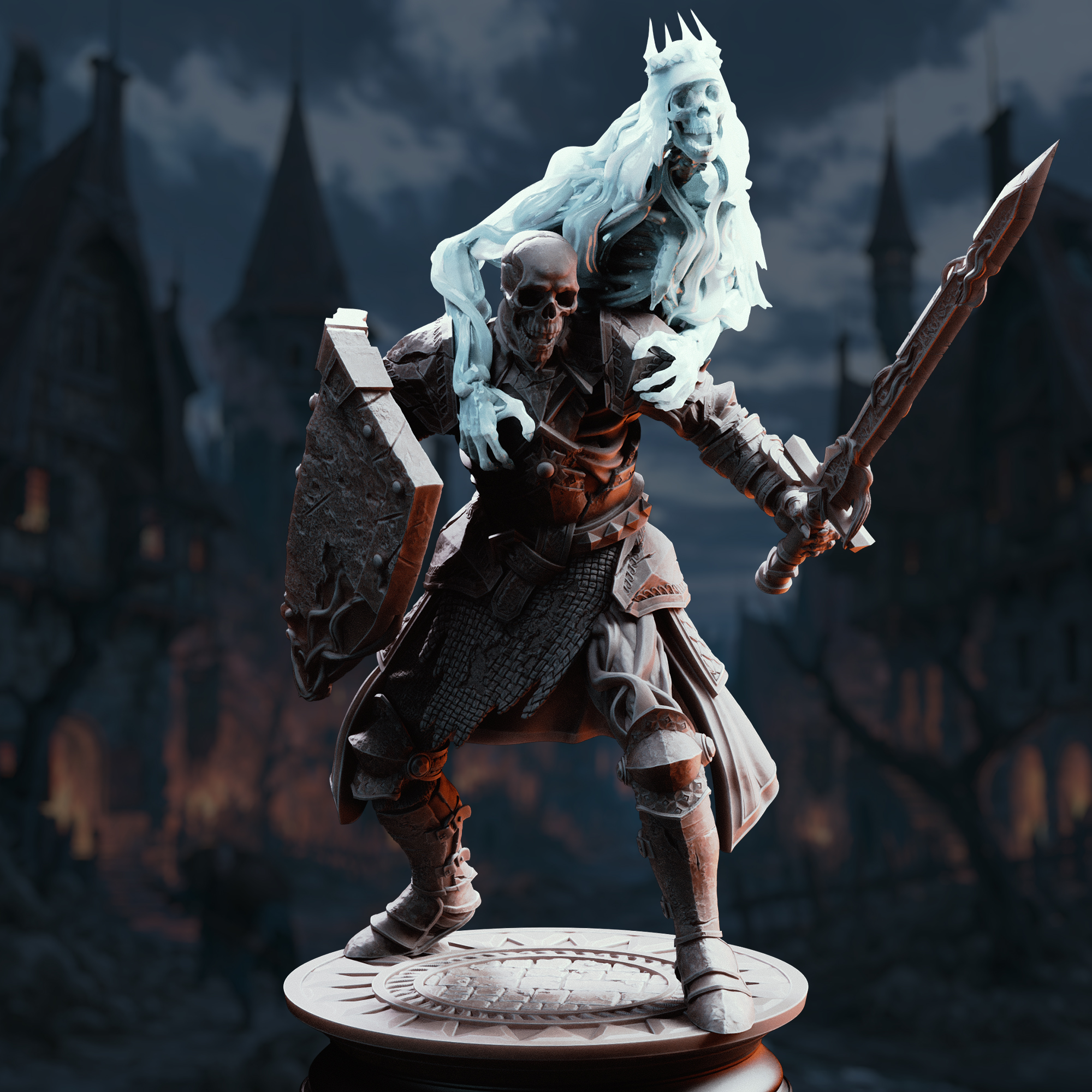 Unpainted resin miniature of Death’s Grasp, an undead, on a round base