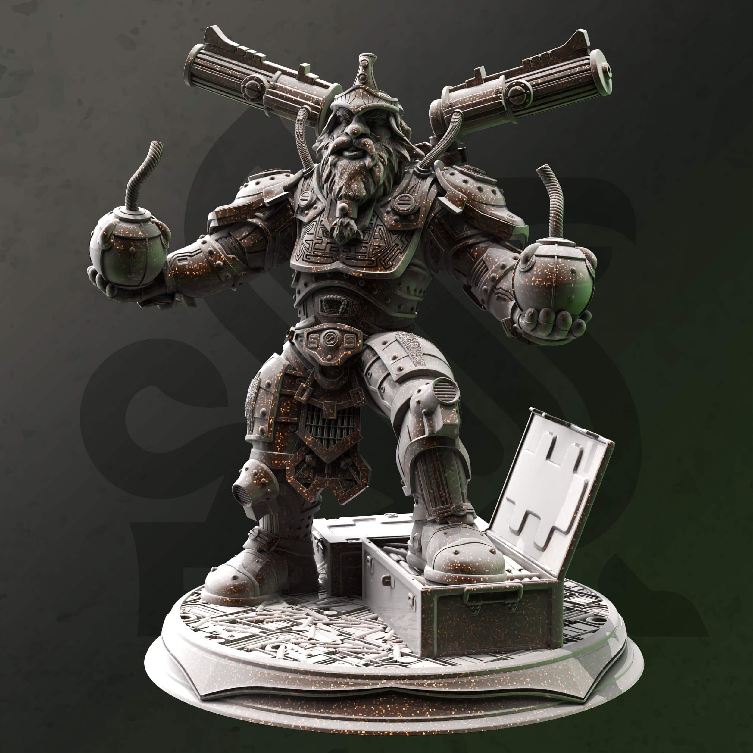 Unpainted resin miniature of Duktuk, a dwarf artificer, on a round base
