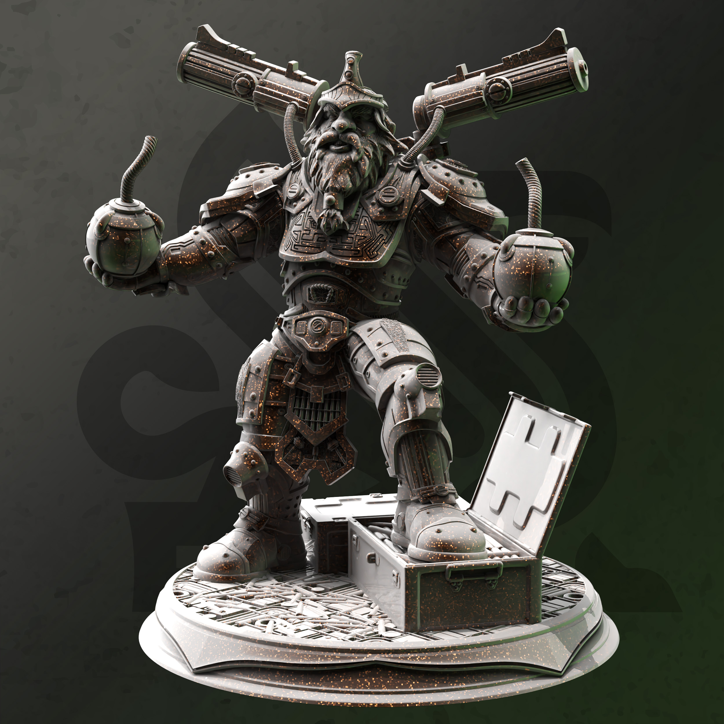 Unpainted resin miniature of Duktuk, a dwarf artificer, on a round base — view 2 of 4
