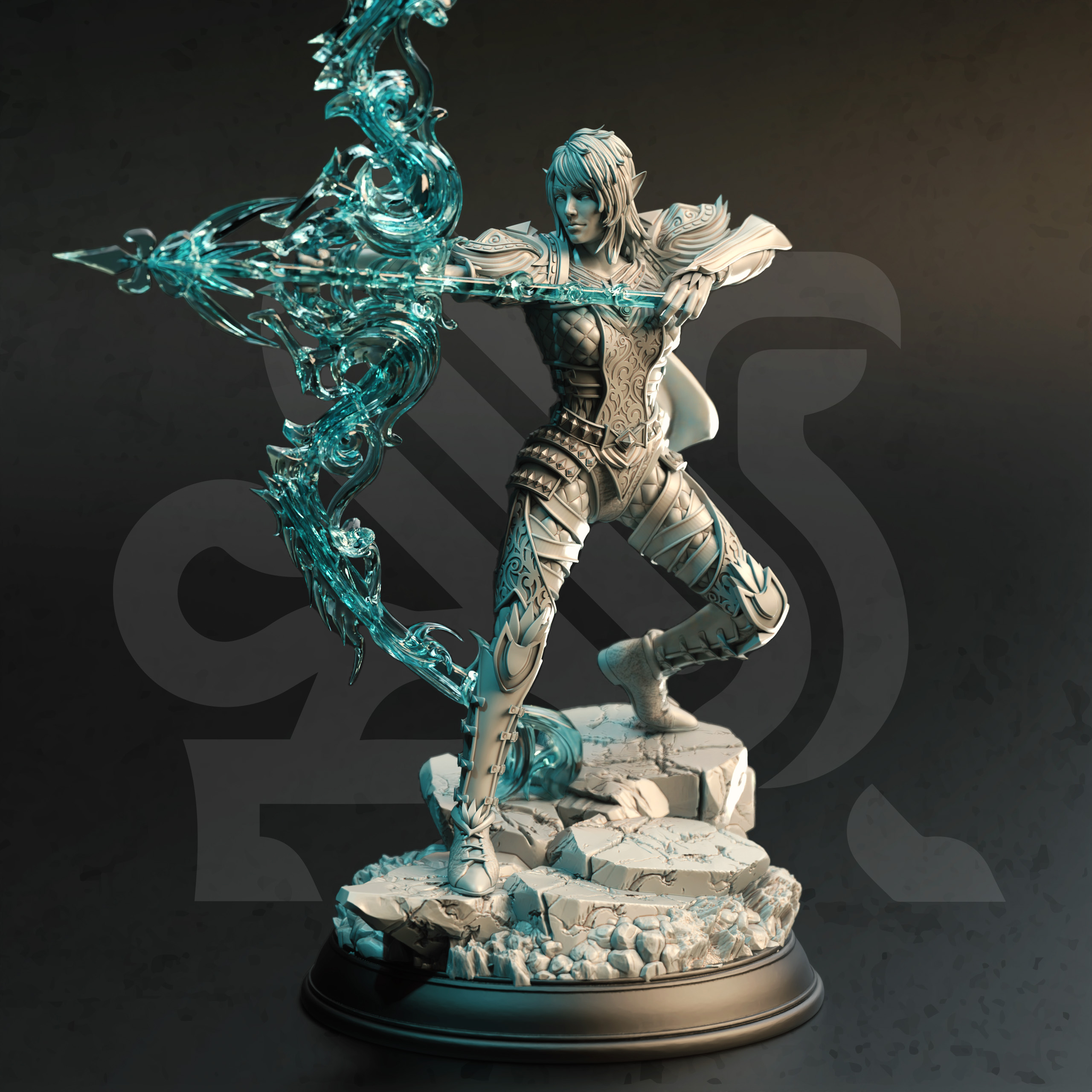 Unpainted resin miniature of Eldiara, an elf fighter/ranger, on a round base