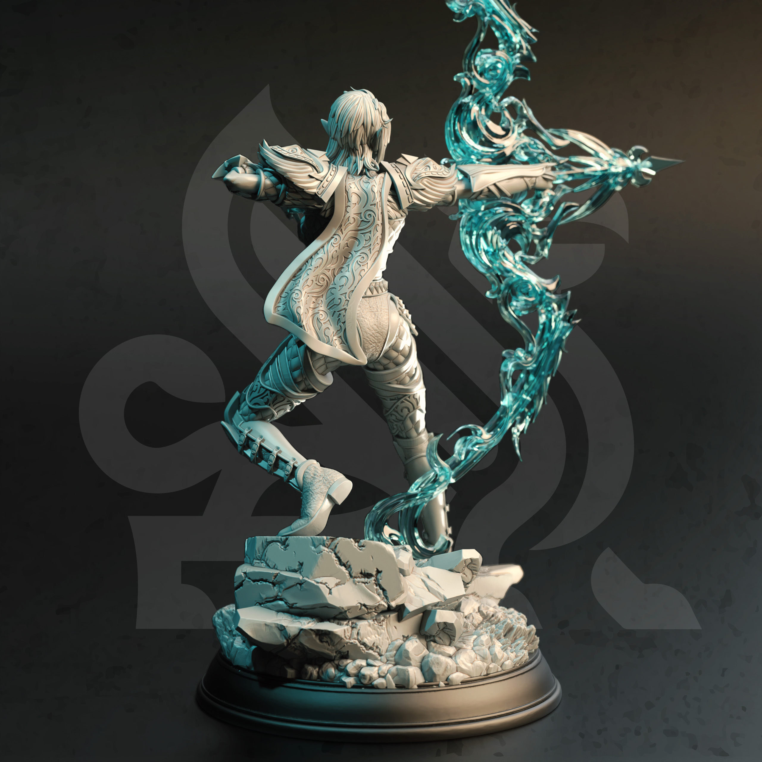 Unpainted resin miniature of Eldiara, an elf fighter/ranger, on a round base — view 2 of 4
