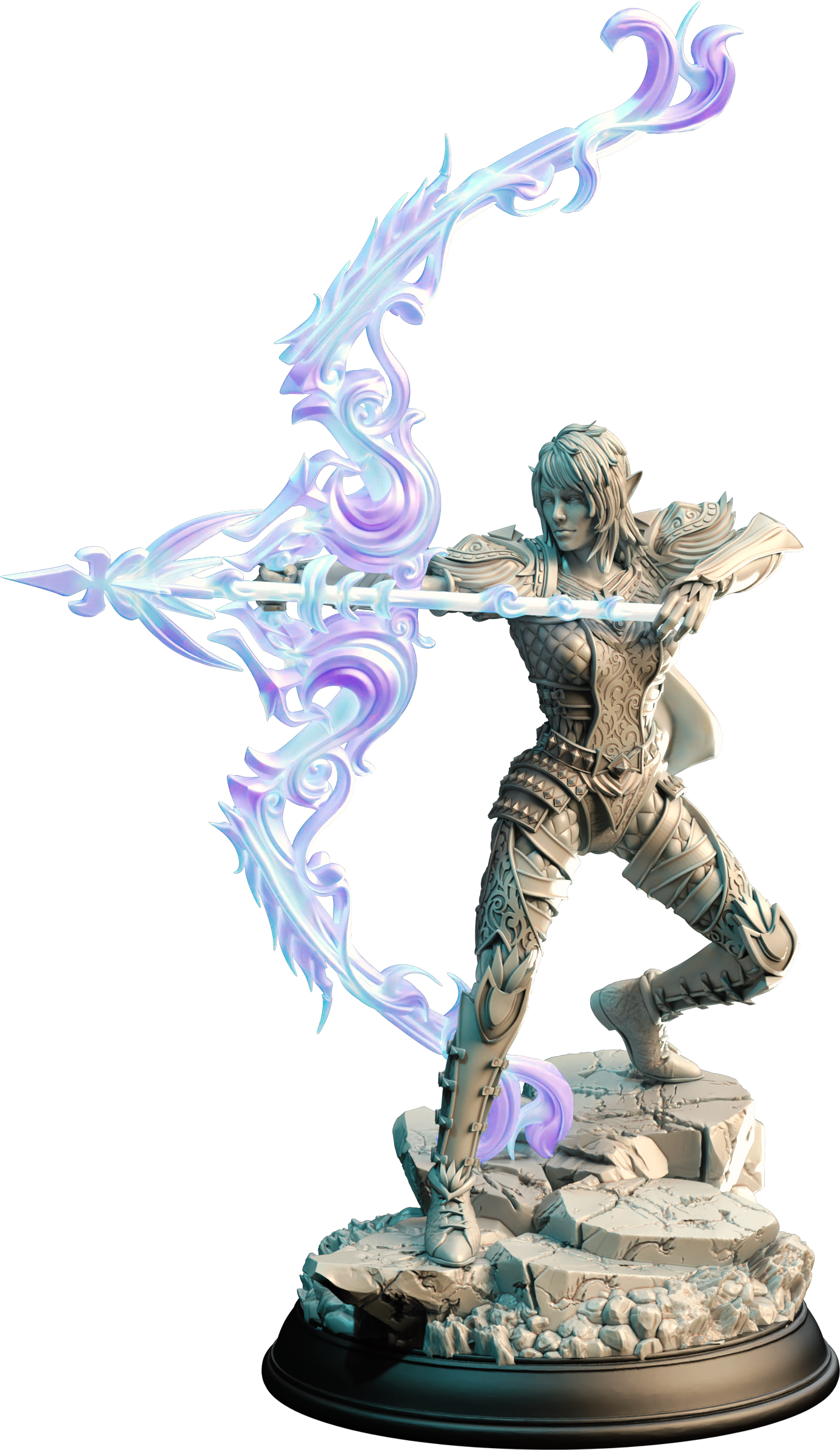 Unpainted resin miniature of Eldiara, an elf fighter/ranger, on a round base — view 4 of 4