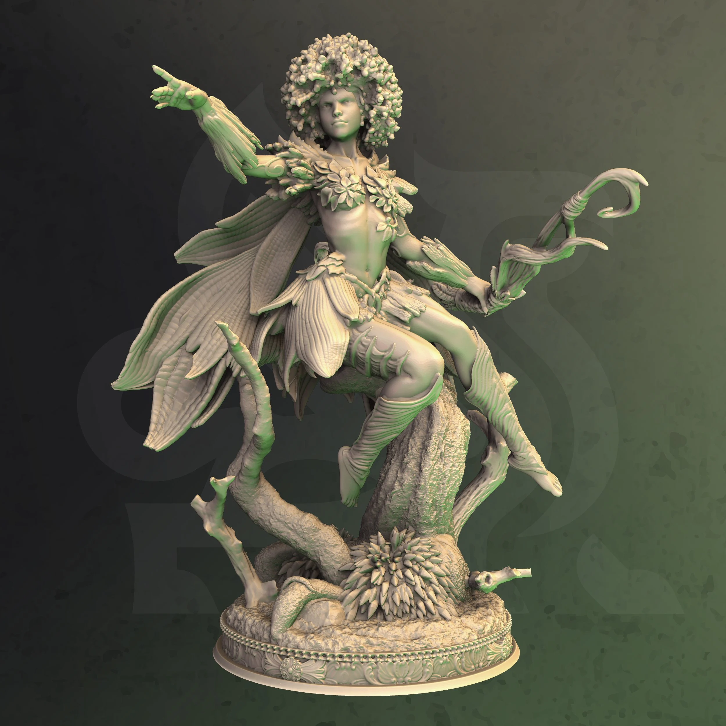 Unpainted resin miniature of Elenil, a fey, on a round base