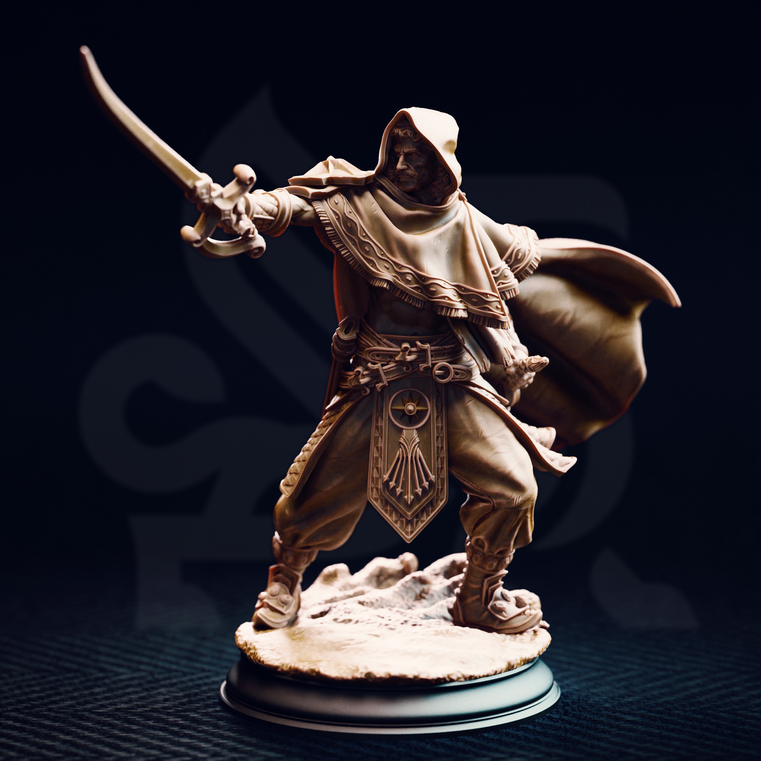 Unpainted resin miniature of Elwahid, a human fighter/ranger, on a round base