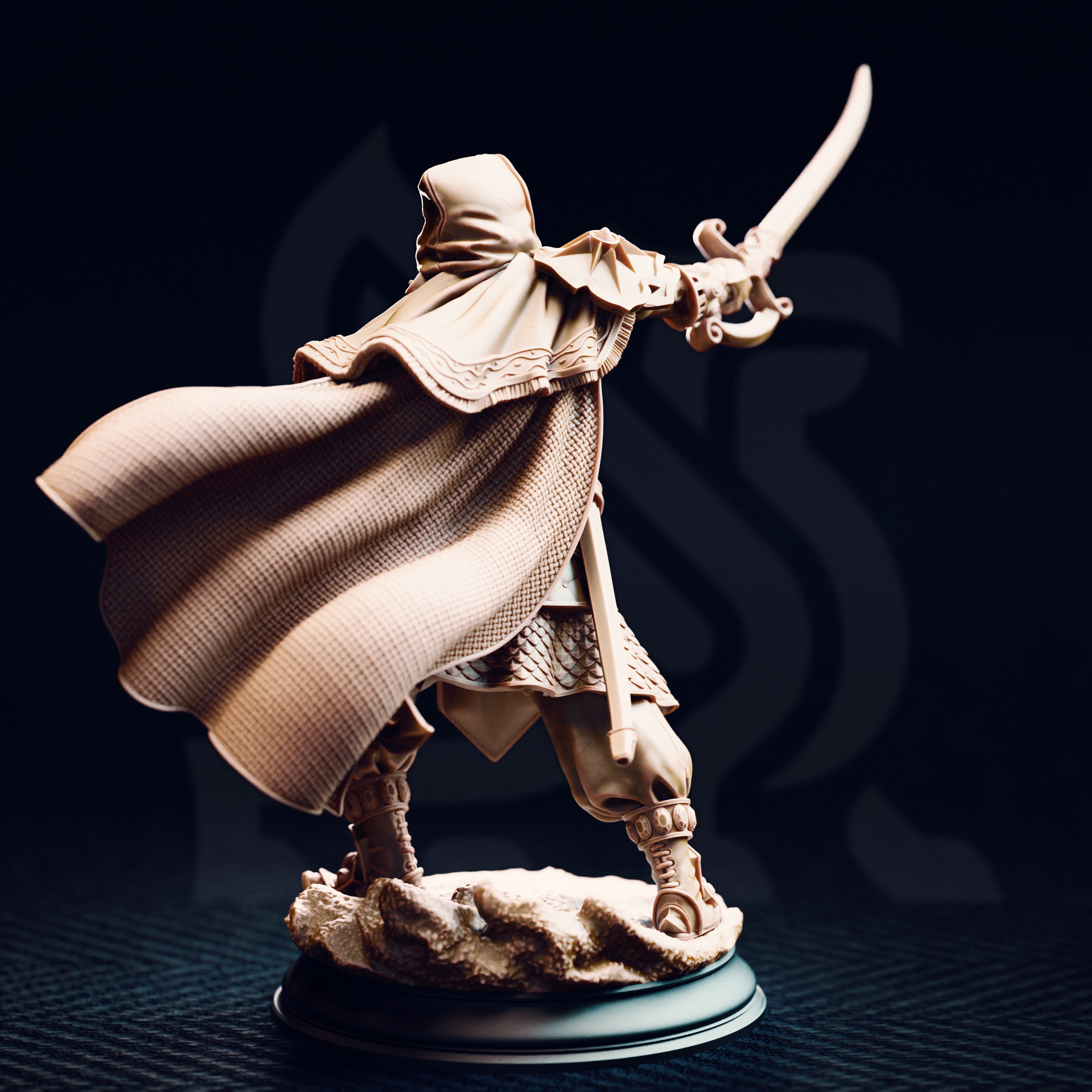 Unpainted resin miniature of Elwahid, a human fighter/ranger, on a round base — view 2 of 4