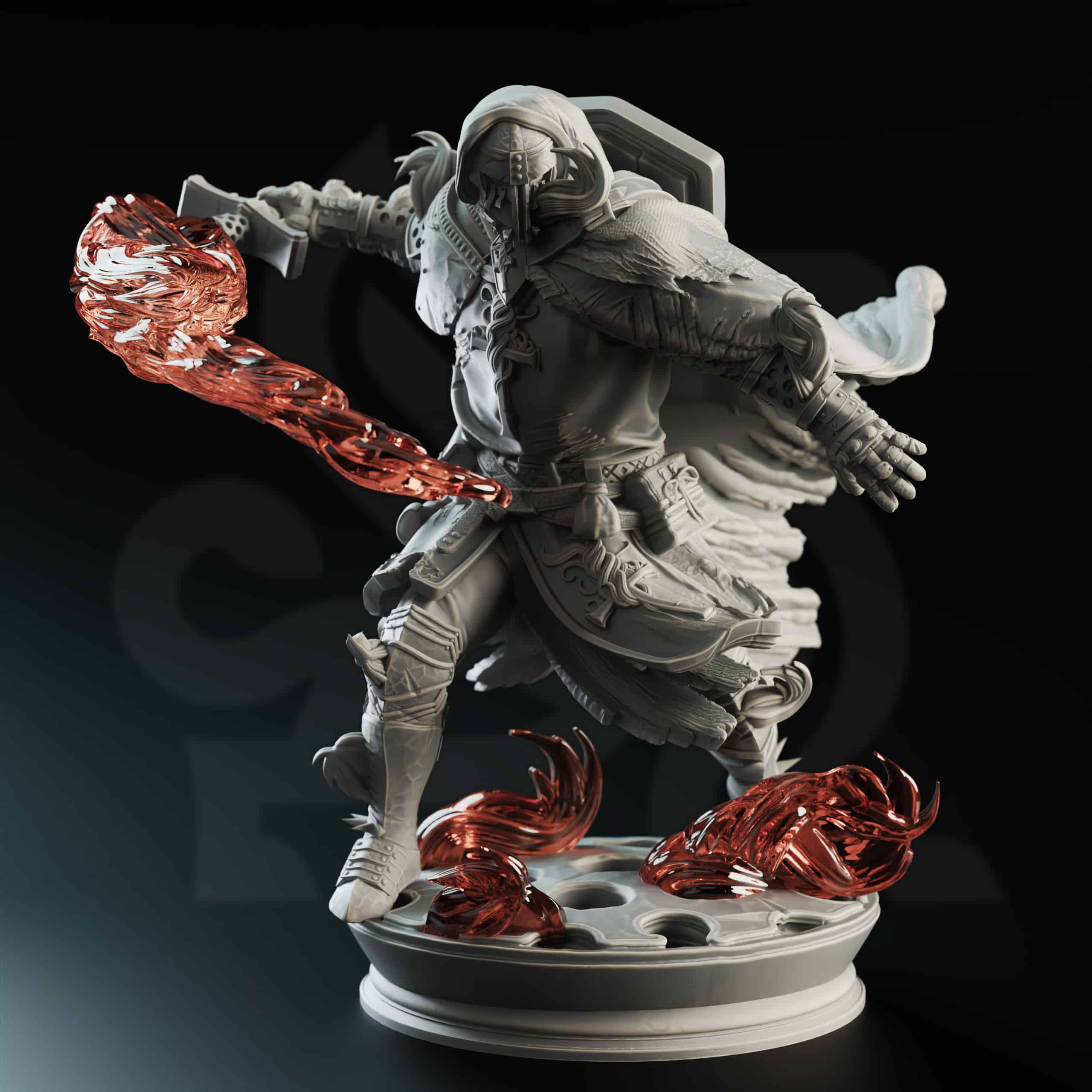 Unpainted resin miniature of Embernos, an elemi/human fighter/paladin, on a round base