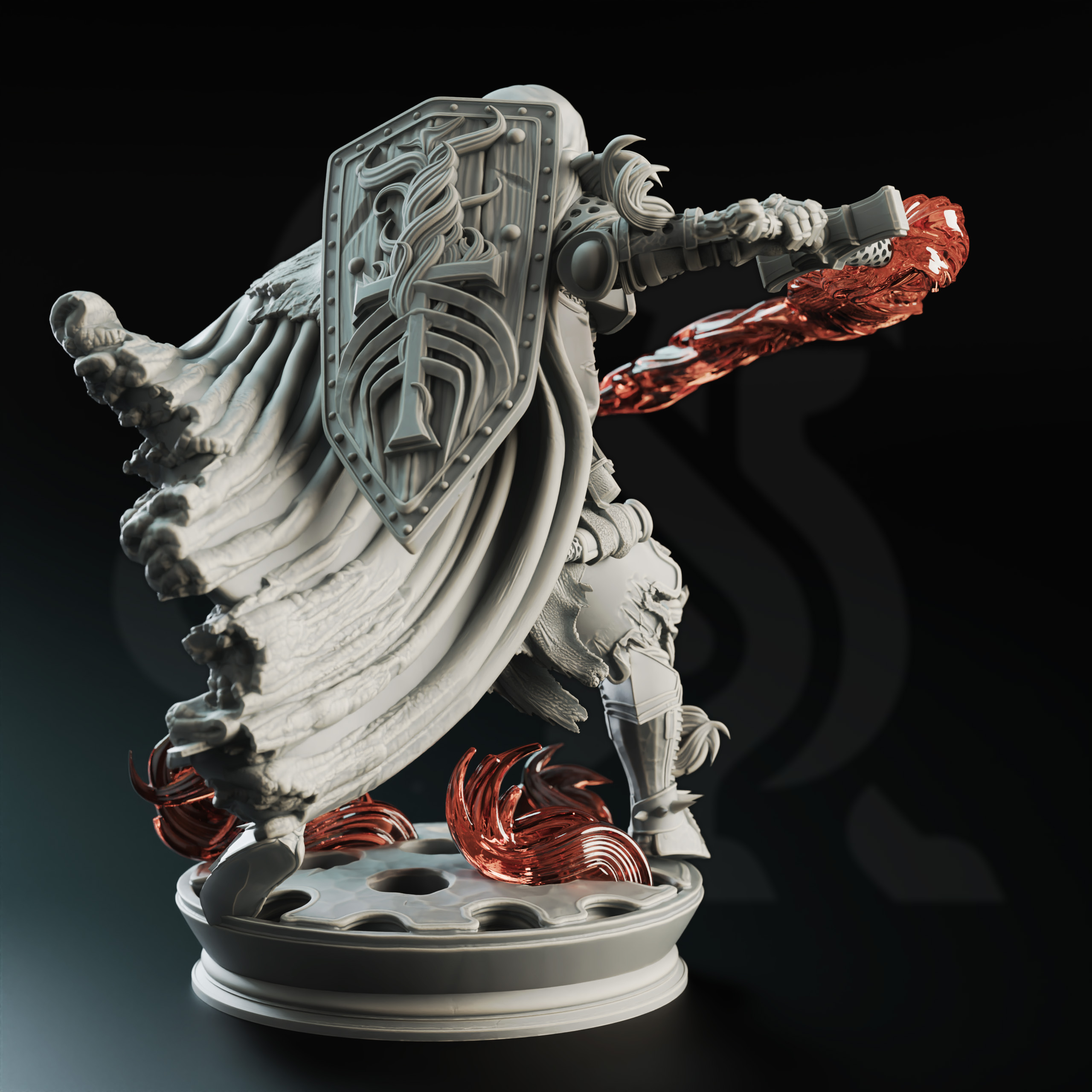 Unpainted resin miniature of Embernos, an elemi/human fighter/paladin, on a round base — view 3 of 4