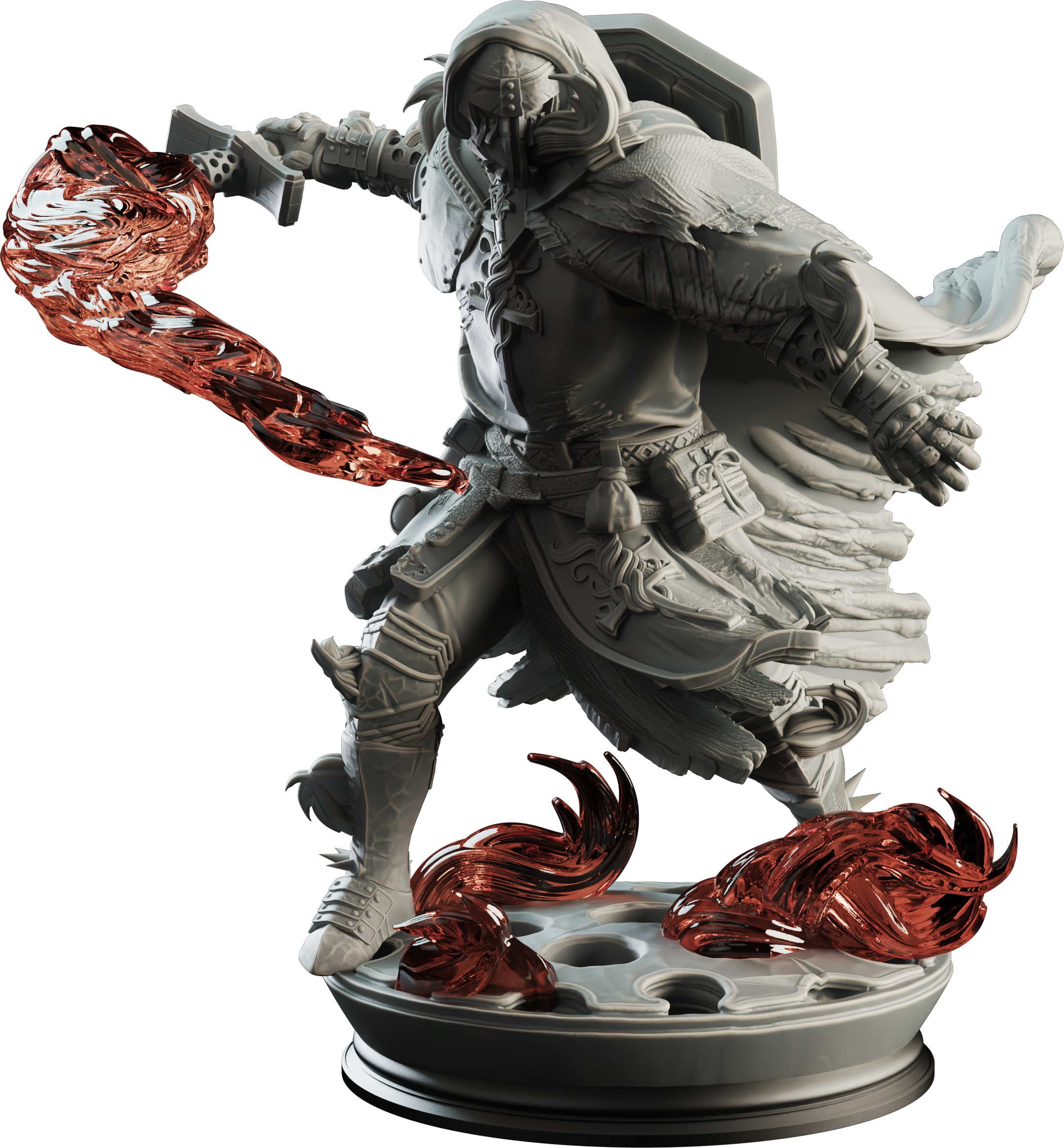 Unpainted resin miniature of Embernos, an elemi/human fighter/paladin, on a round base — view 4 of 4