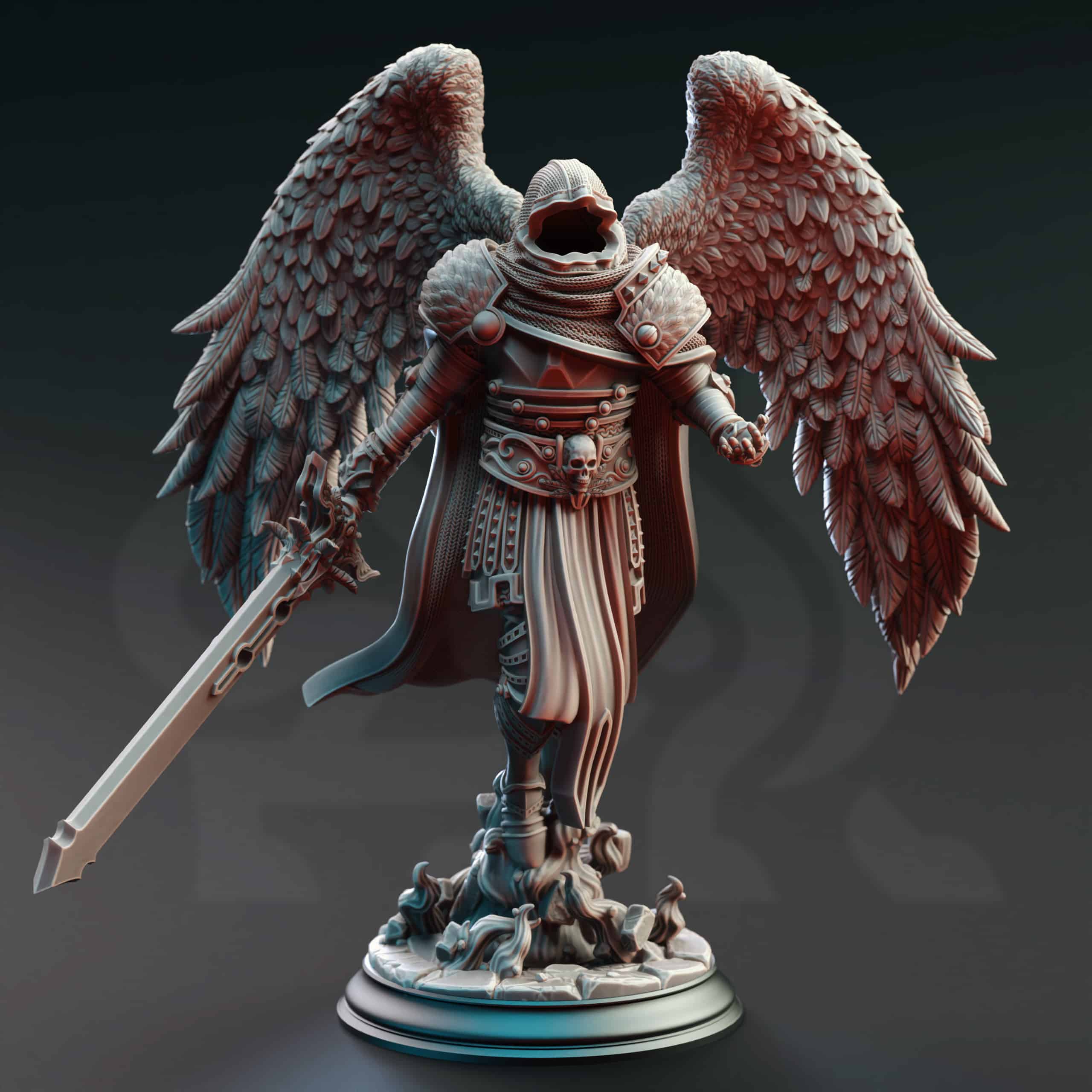 Unpainted resin miniature of Eranameli, a celestial fighter/paladin, on a round base