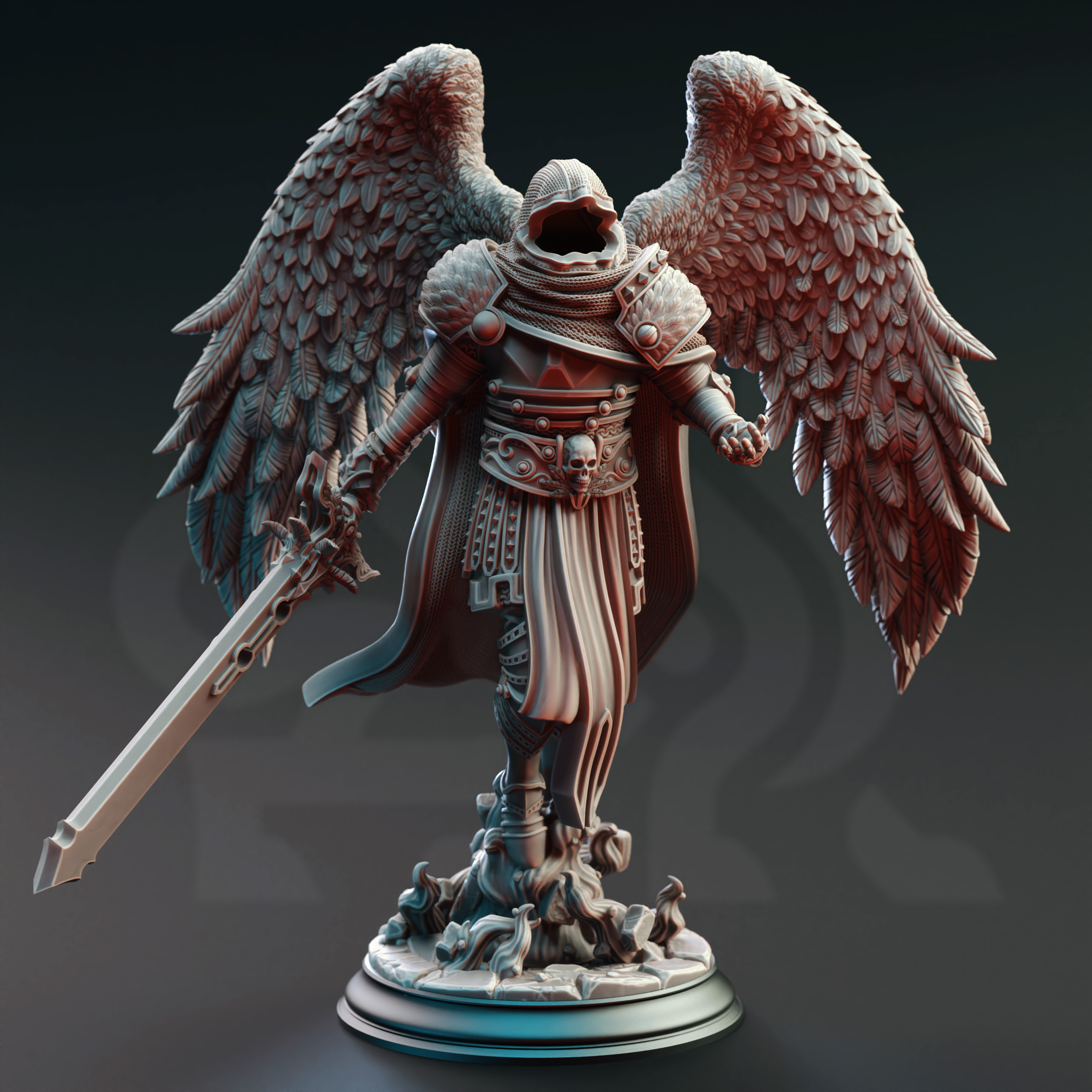 Unpainted resin miniature of Eranameli, a celestial fighter/paladin, on a round base — view 2 of 4