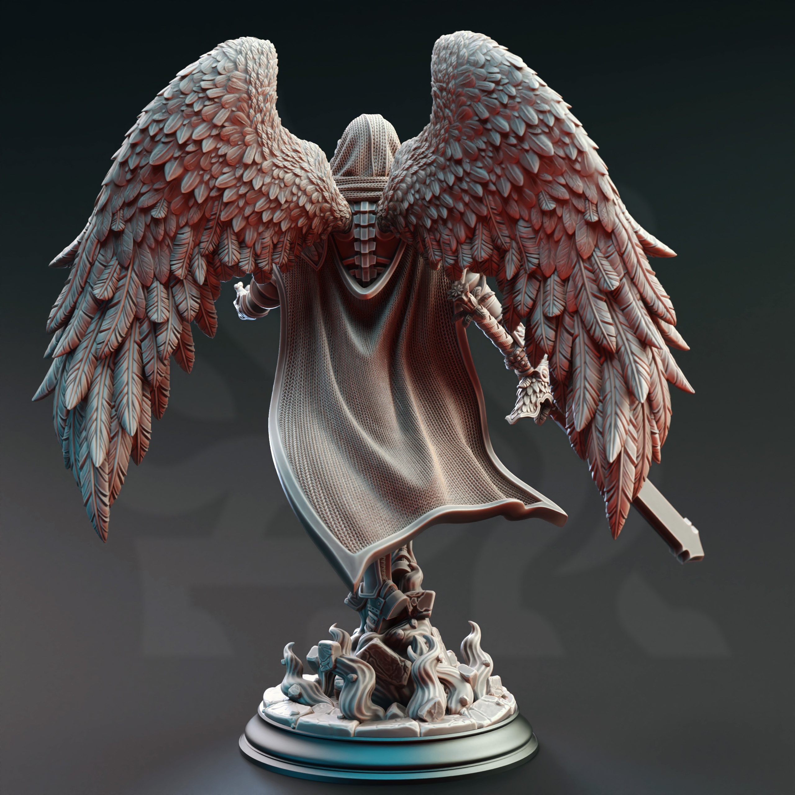 Unpainted resin miniature of Eranameli, a celestial fighter/paladin, on a round base — view 3 of 4