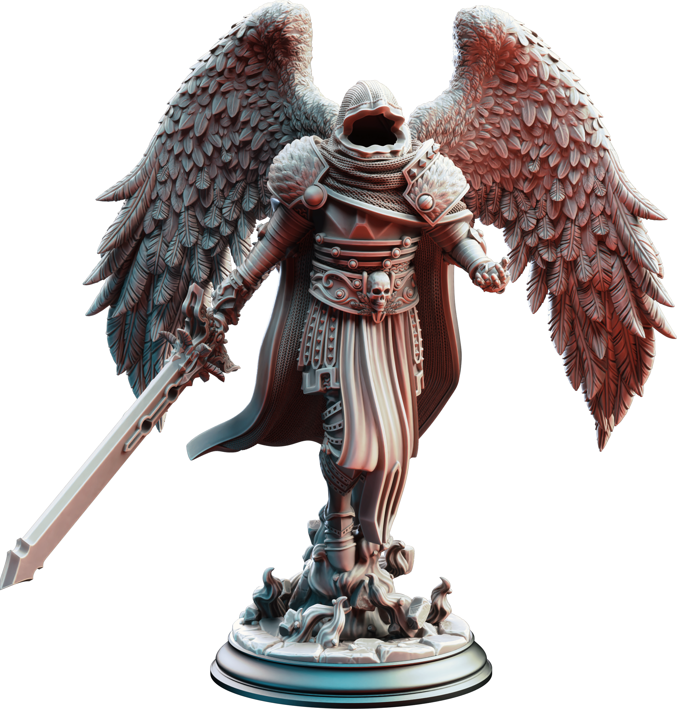 Unpainted resin miniature of Eranameli, a celestial fighter/paladin, on a round base — view 4 of 4