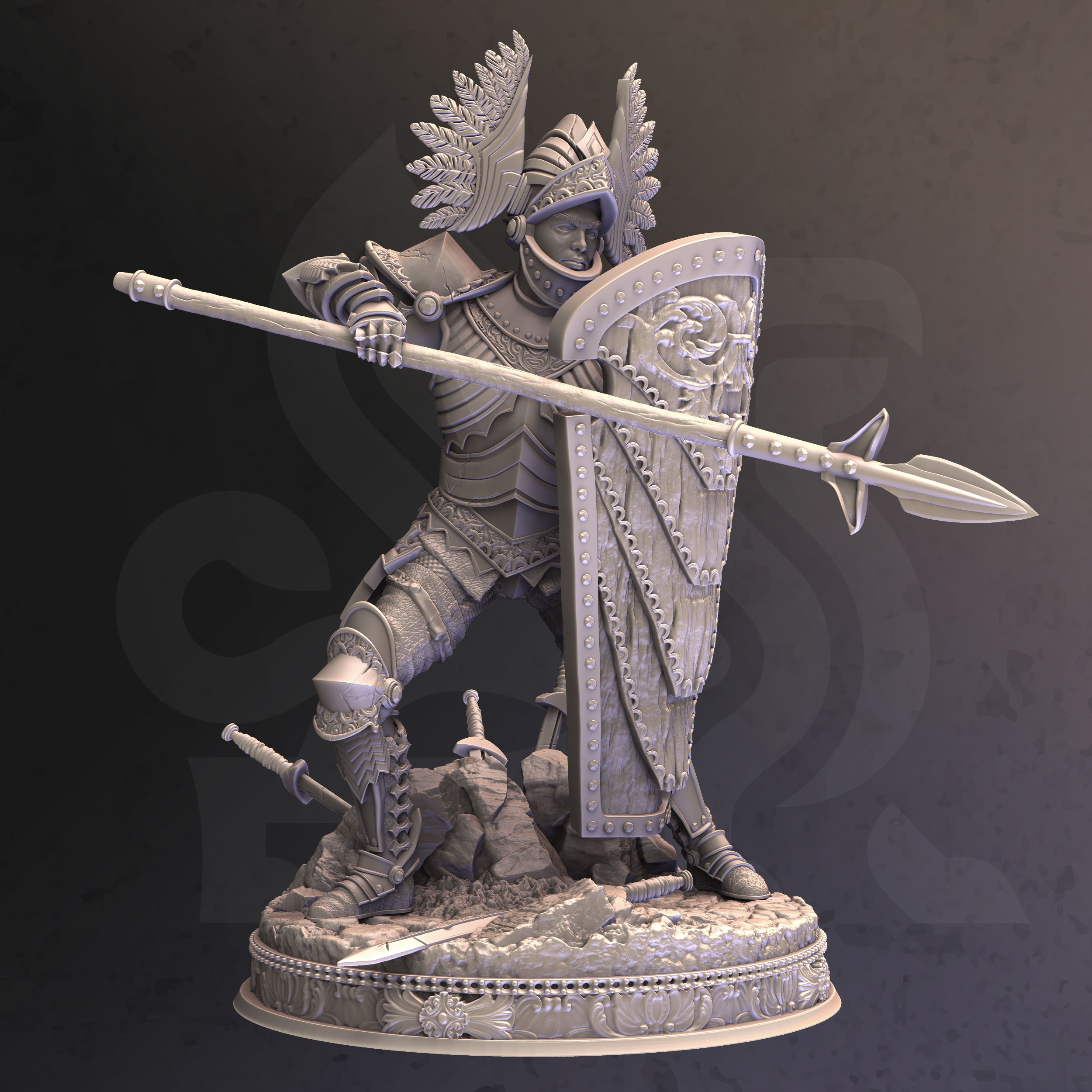 Unpainted resin miniature of Eridius Falx, a human fighter, on a round base