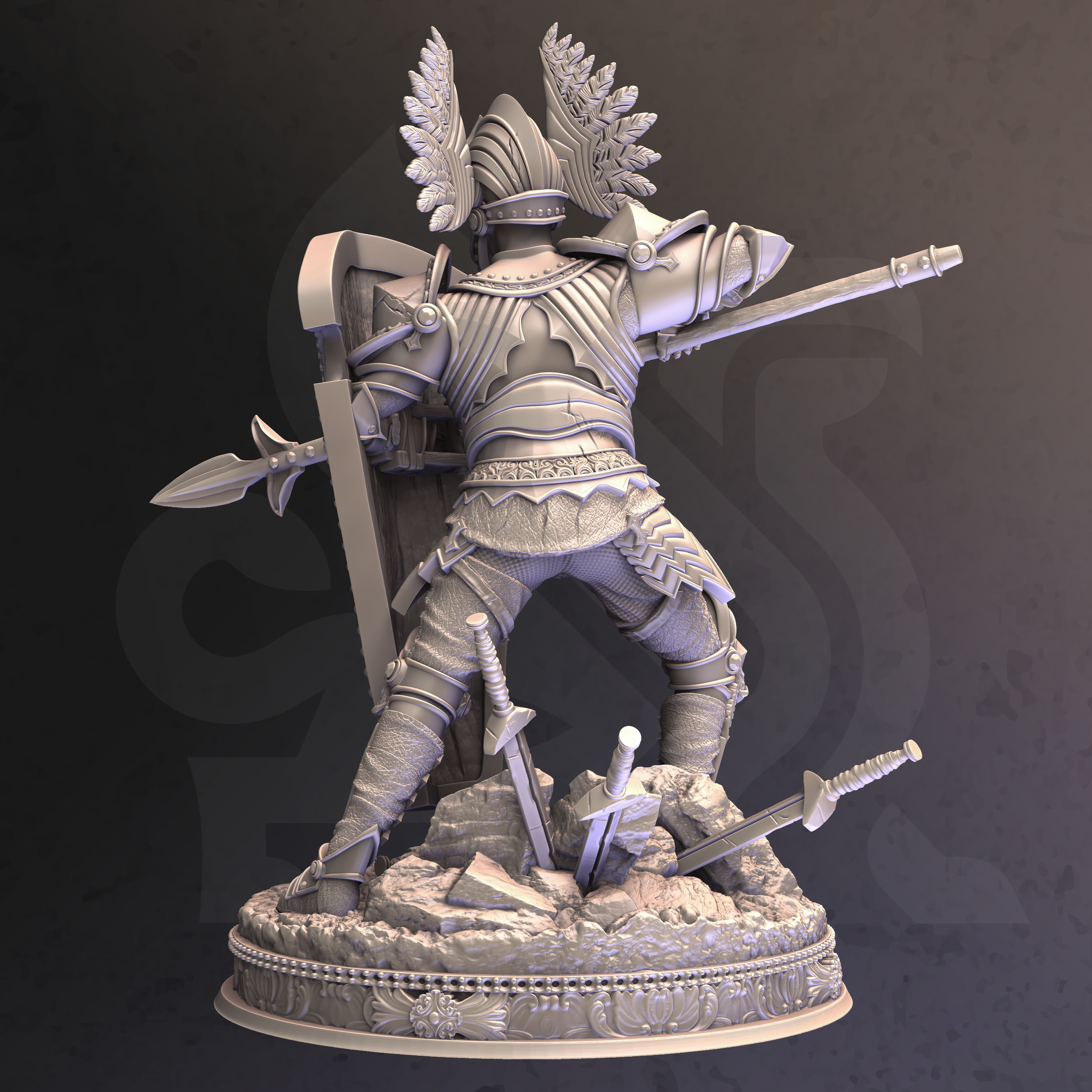 Unpainted resin miniature of Eridius Falx, a human fighter, on a round base — view 2 of 3