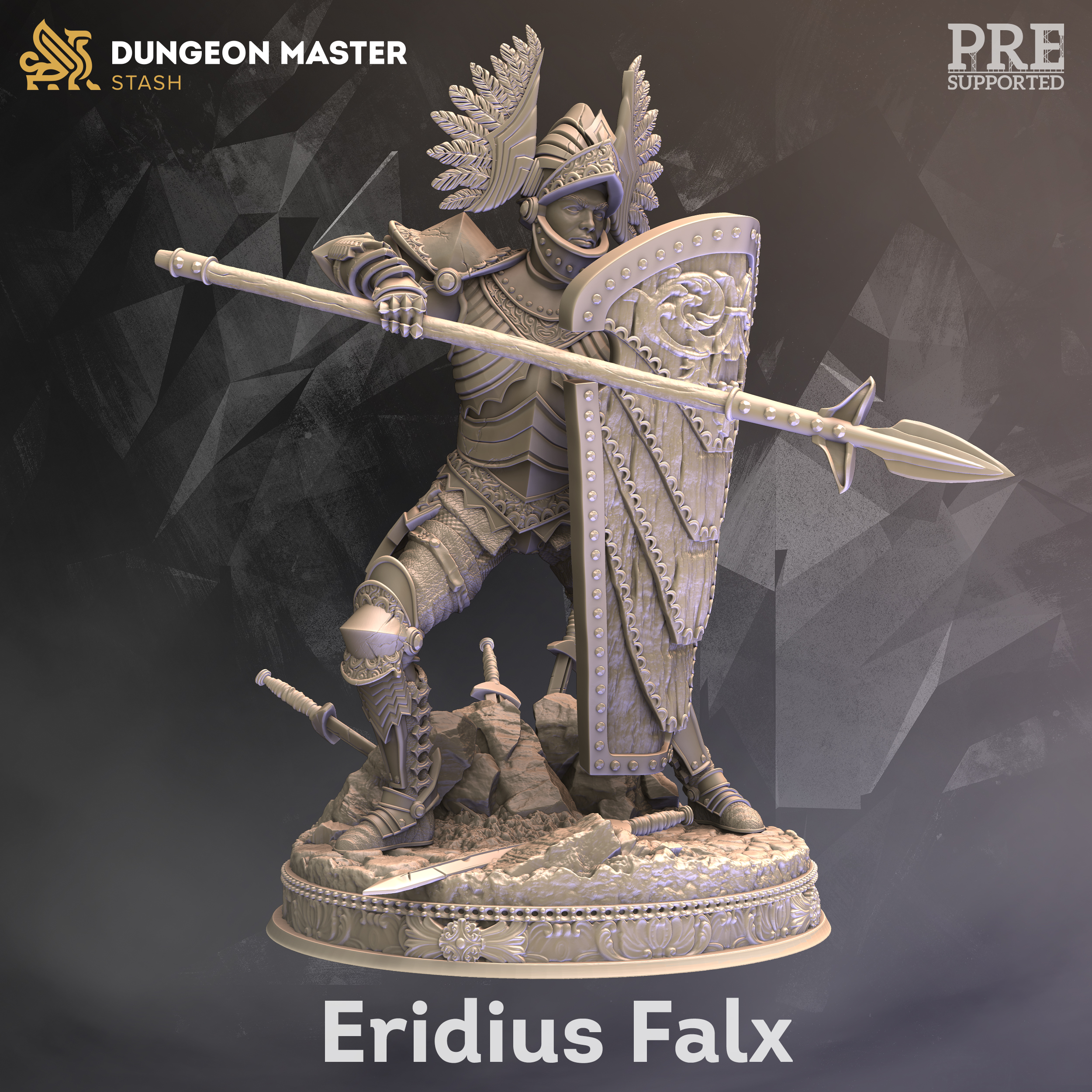Unpainted resin miniature of Eridius Falx, a human fighter, on a round base — view 3 of 3