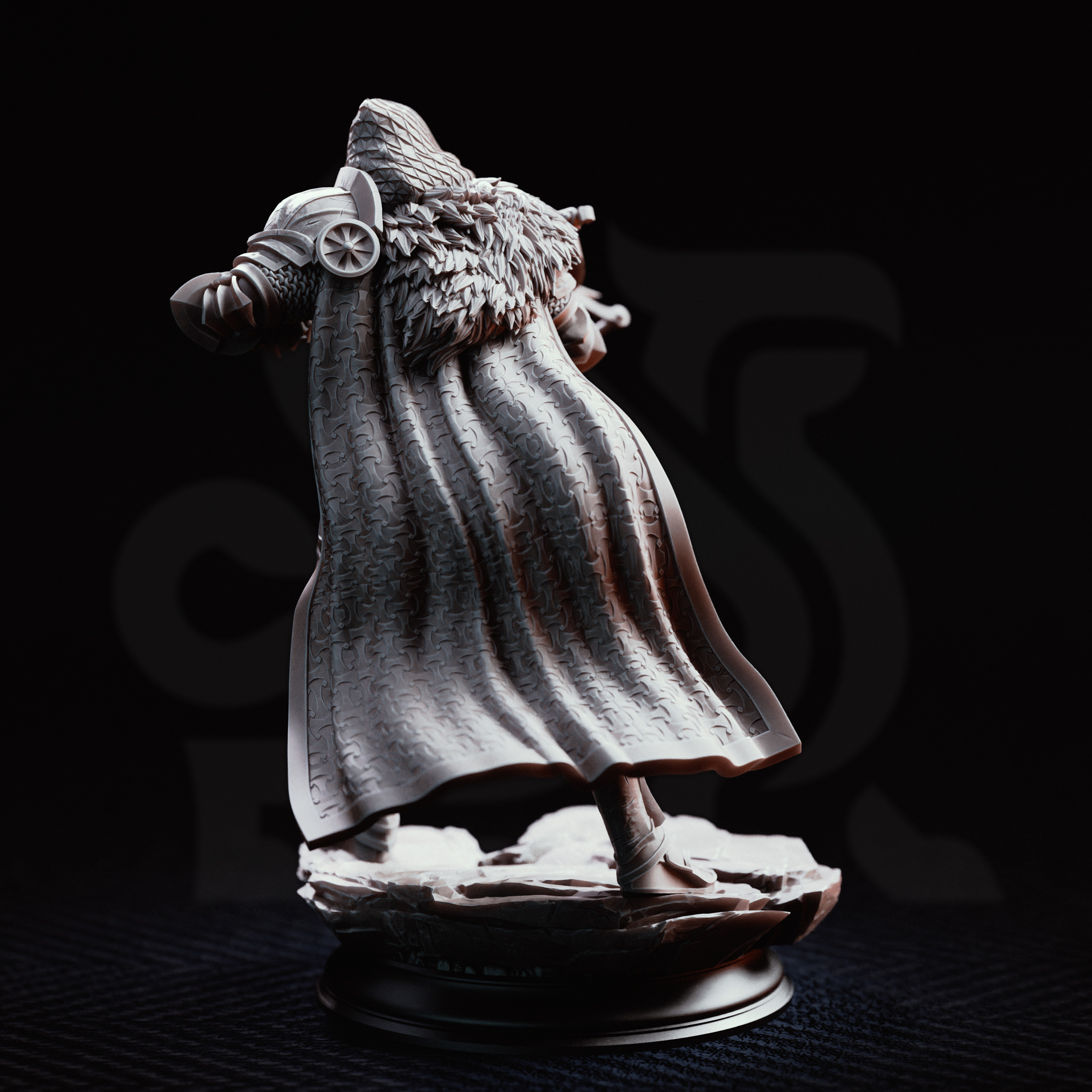 Unpainted resin miniature of Erik of the Scarlett Road, a human fighter/ranger, on a round base — view 3 of 4