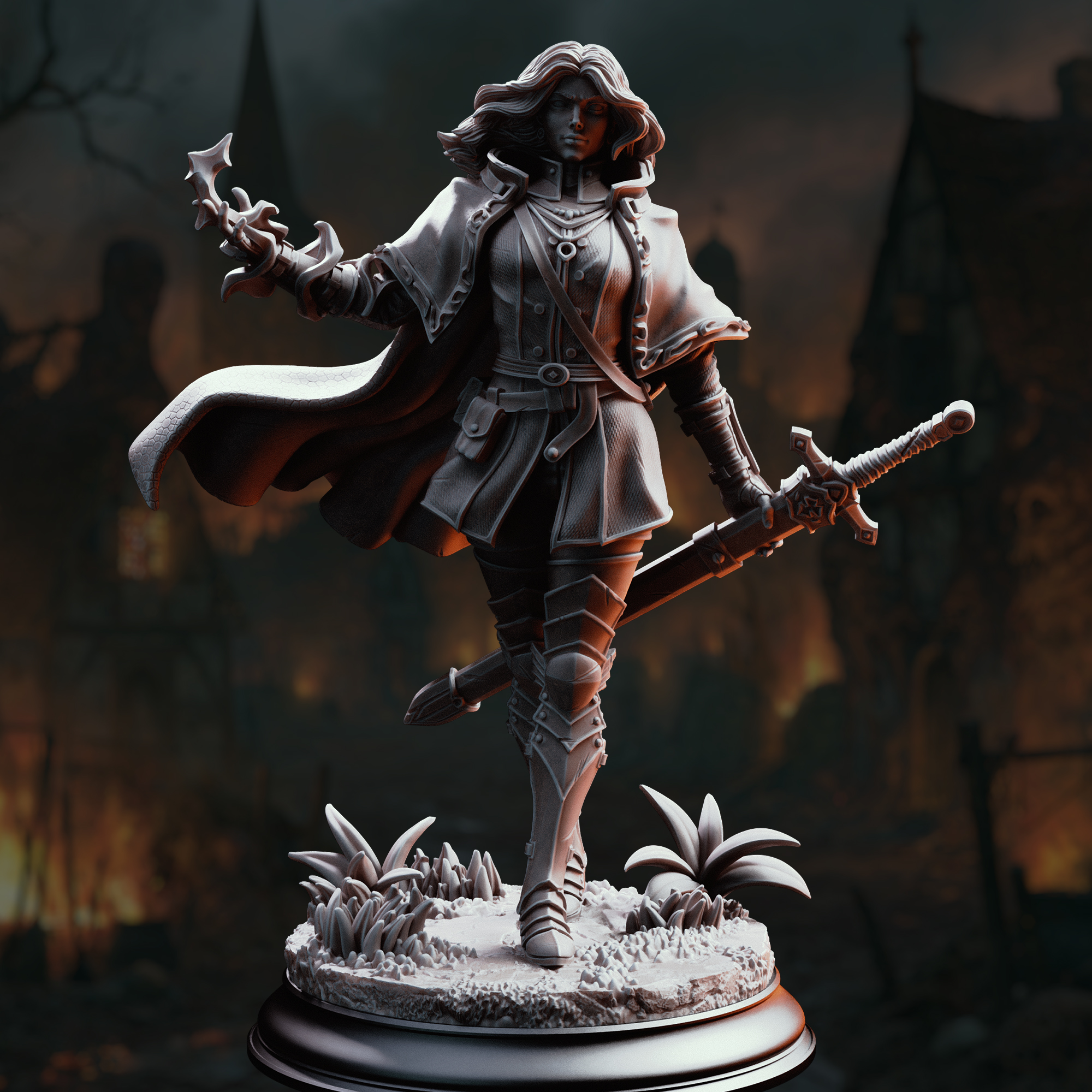 Unpainted resin miniature of Erina of Amarth, a human fighter/hex hunter/paladin, on a round base